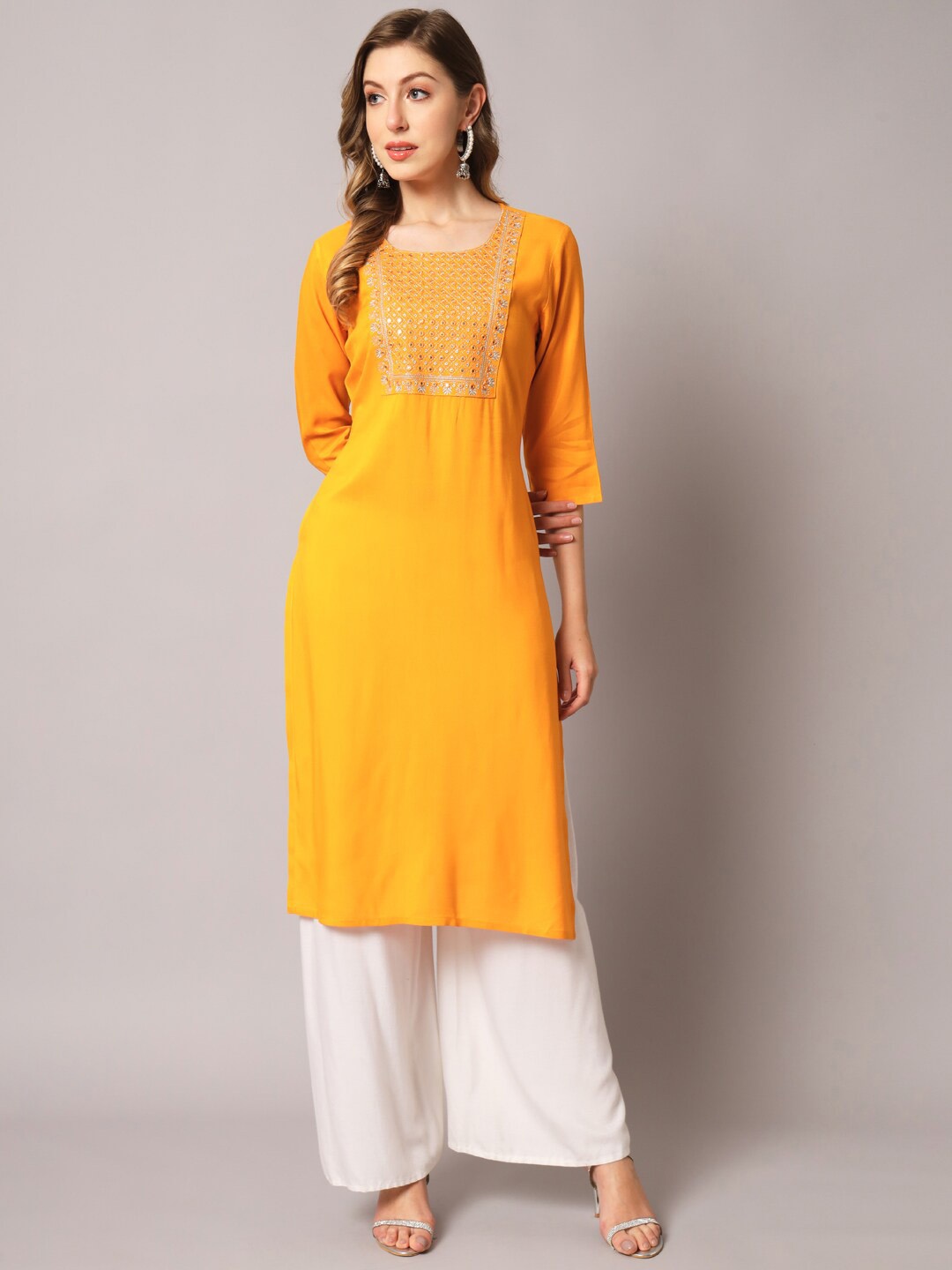 

PREKSHA Women Yoke Design Mirror Work Kurta, Mustard