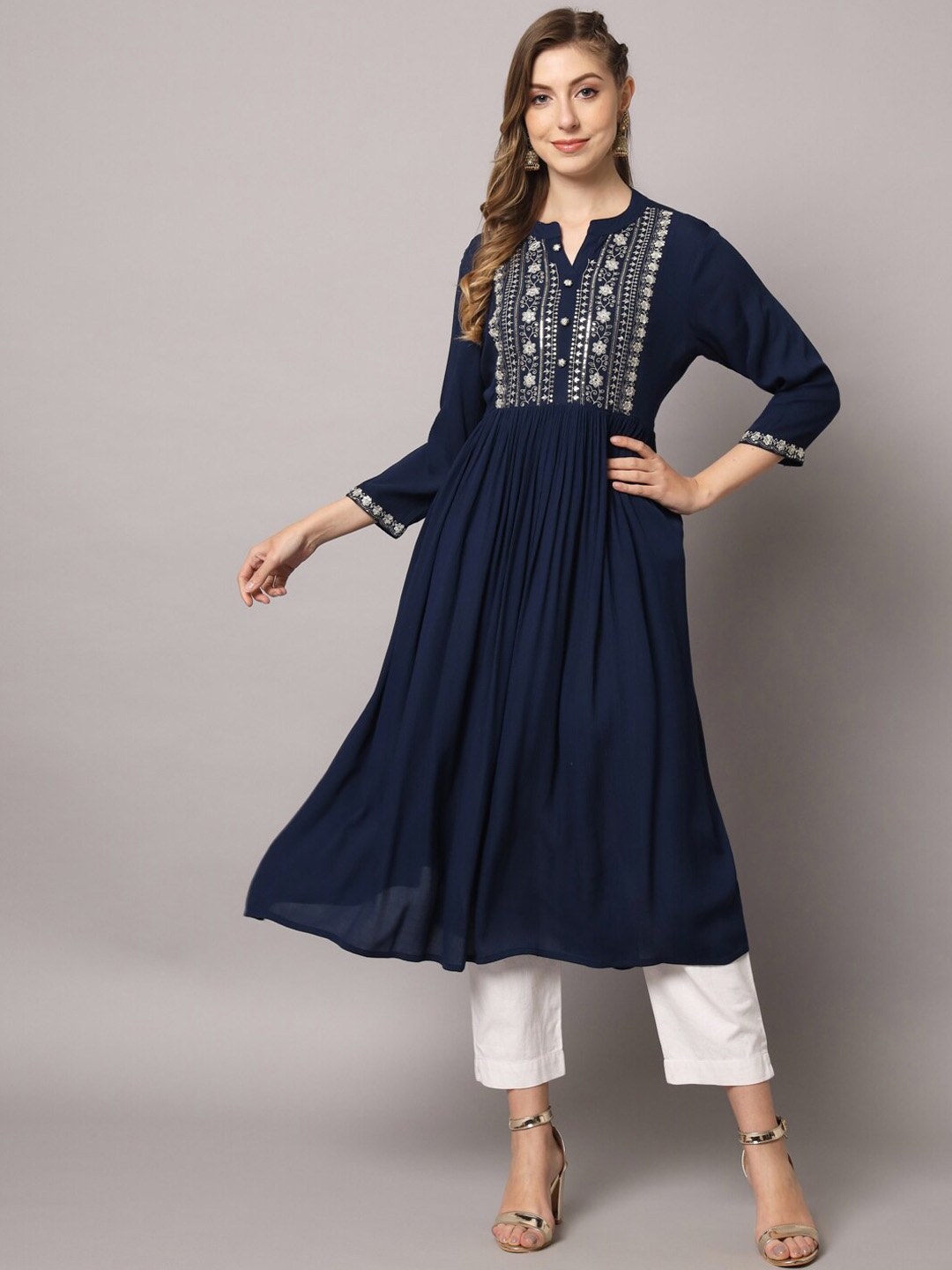 

PREKSHA Women Ethnic Motifs Yoke Design Thread Work Kurta, Navy blue