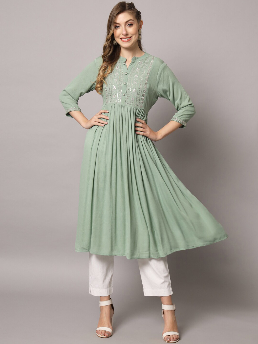 

PREKSHA Women Embellished Flared Anarkali Kurta, Sea green