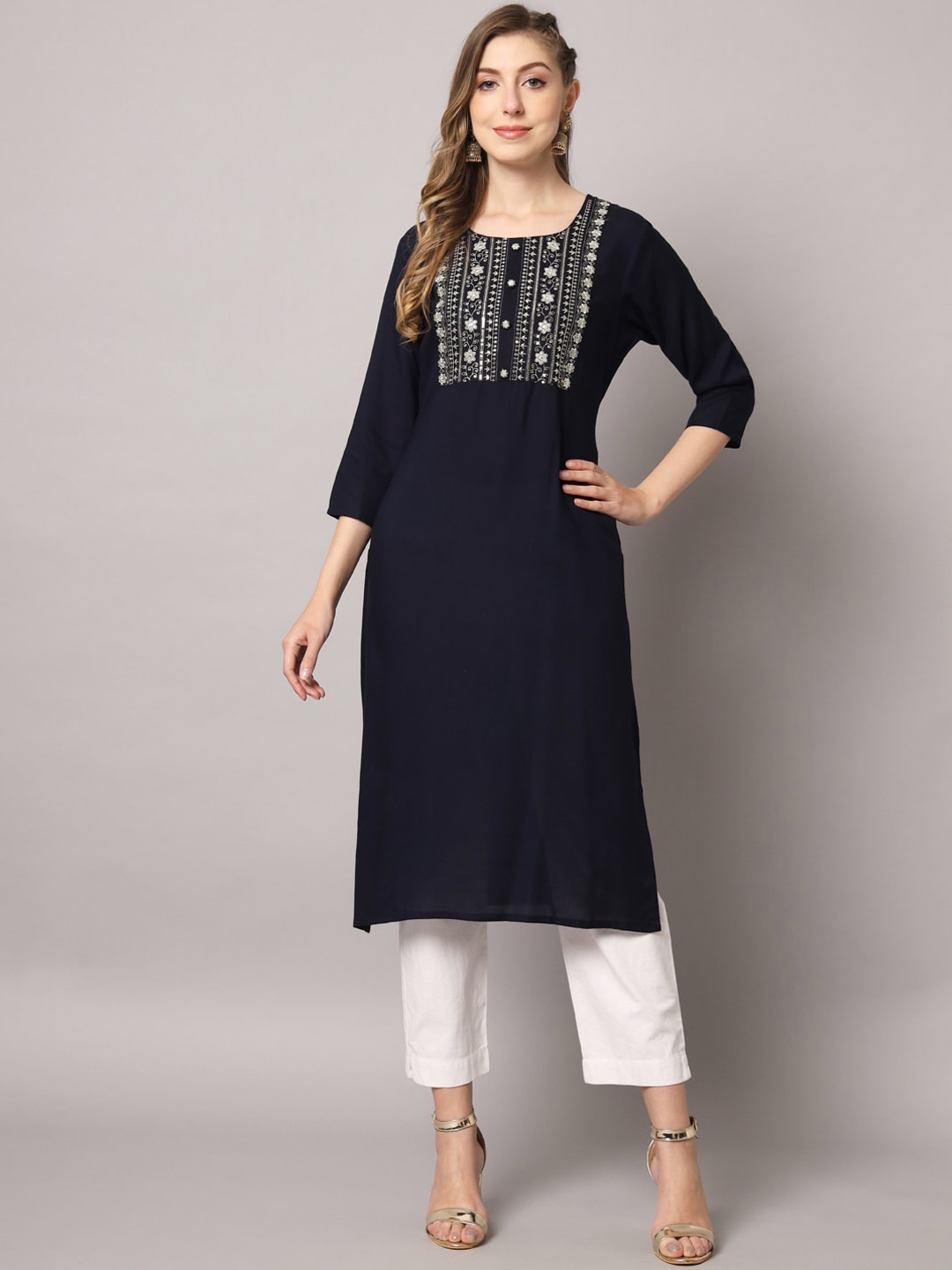 

PREKSHA Women Yoke Design Round Neck Thread Work Kurta, Navy blue