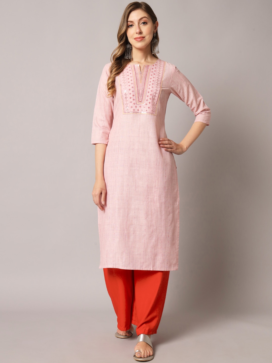

PREKSHA Women Yoke Design Thread Work Pastel Kurta, Pink