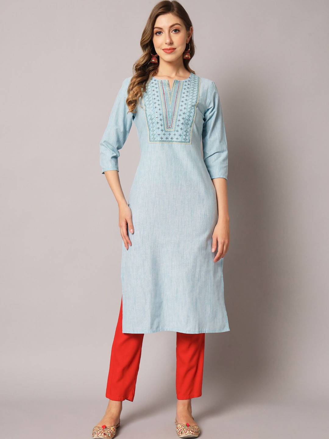 

PREKSHA Women Notch Neck A-Line Embroidered Kurta, Blue