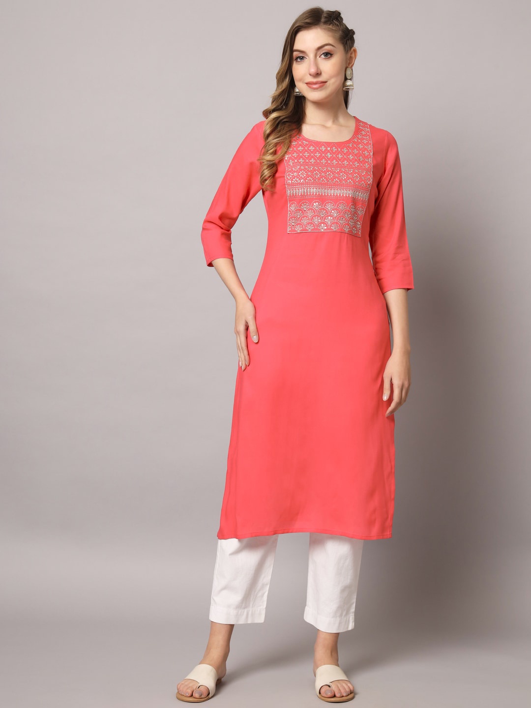 

PREKSHA Round Neck Ethnic Motifs Sequins Yoke Design Straight Kurta, Coral