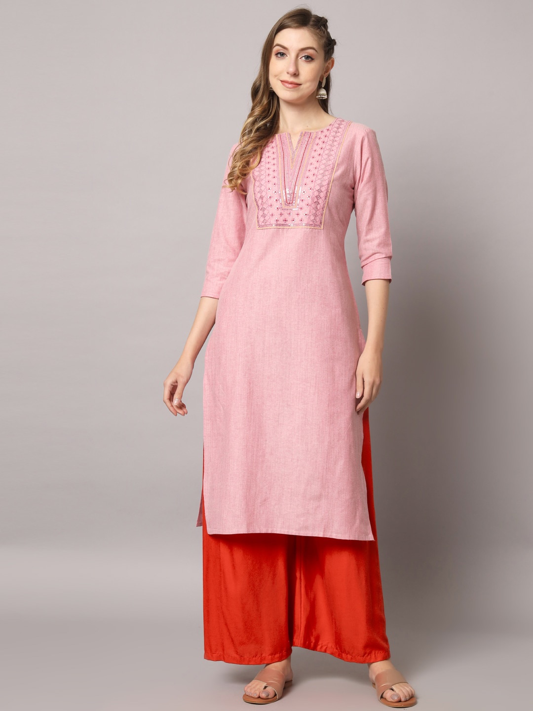 

PREKSHA Women Yoke Design Thread Work Kurta, Pink