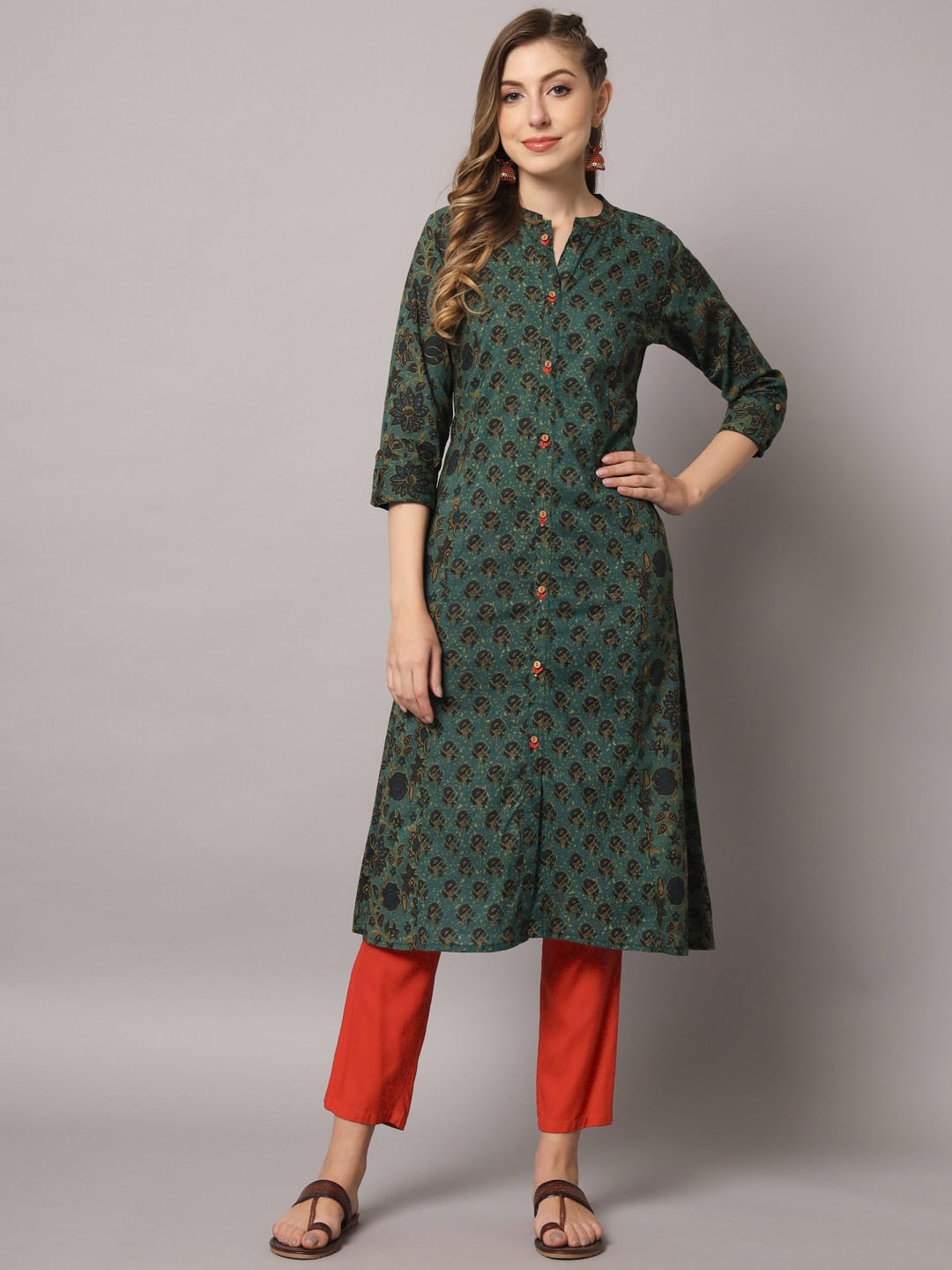 

PREKSHA Women Ethnic Motifs Printed Cotton Kurta, Green