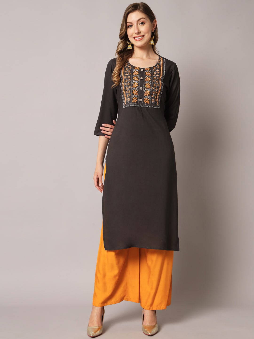

PREKSHA Women Yoke Design Regular Sleeve Kurta, Grey