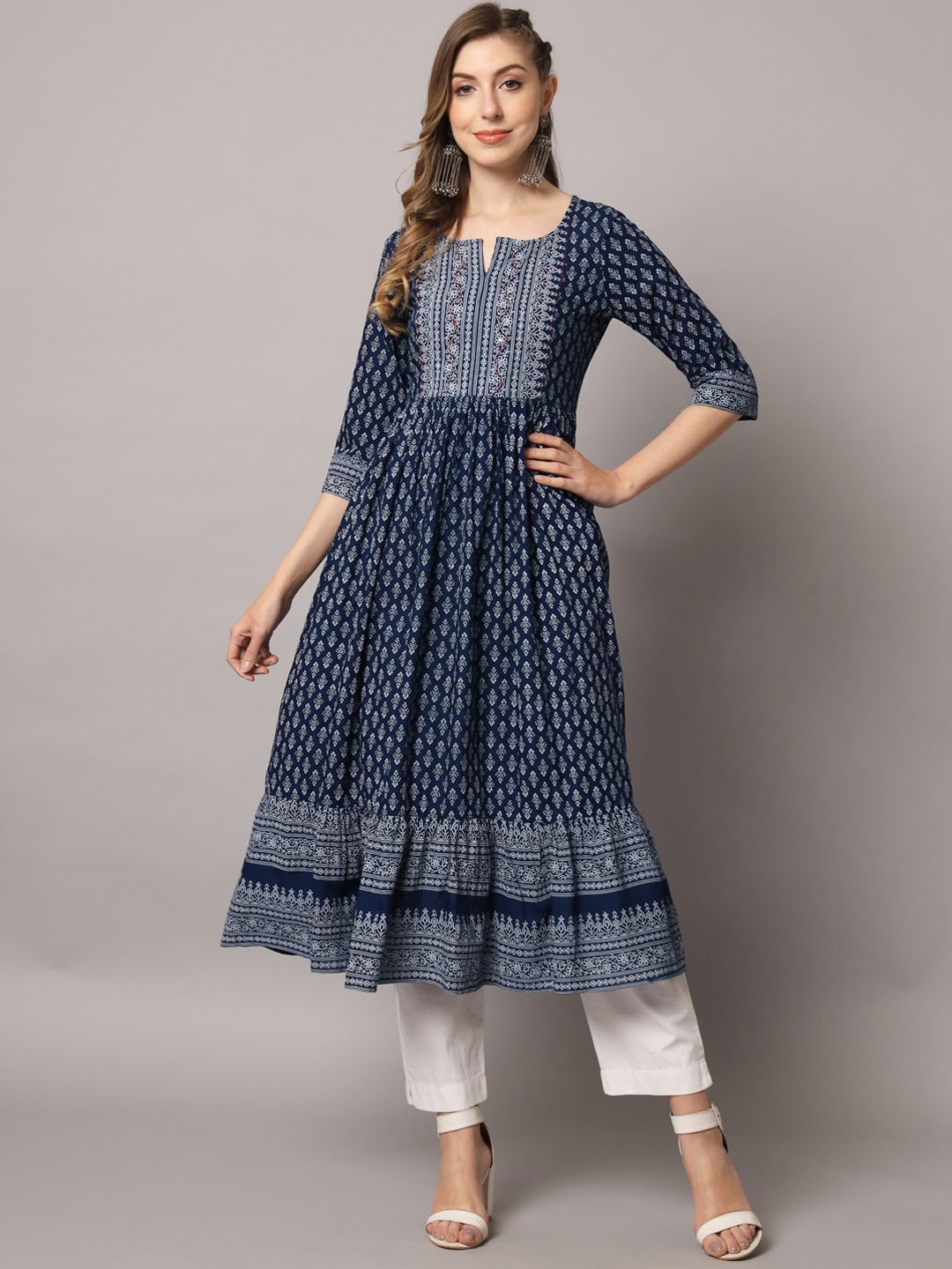 

PREKSHA Women Ethnic Motifs Printed Mirror Work Anarkali Cotton Kurta, Navy blue