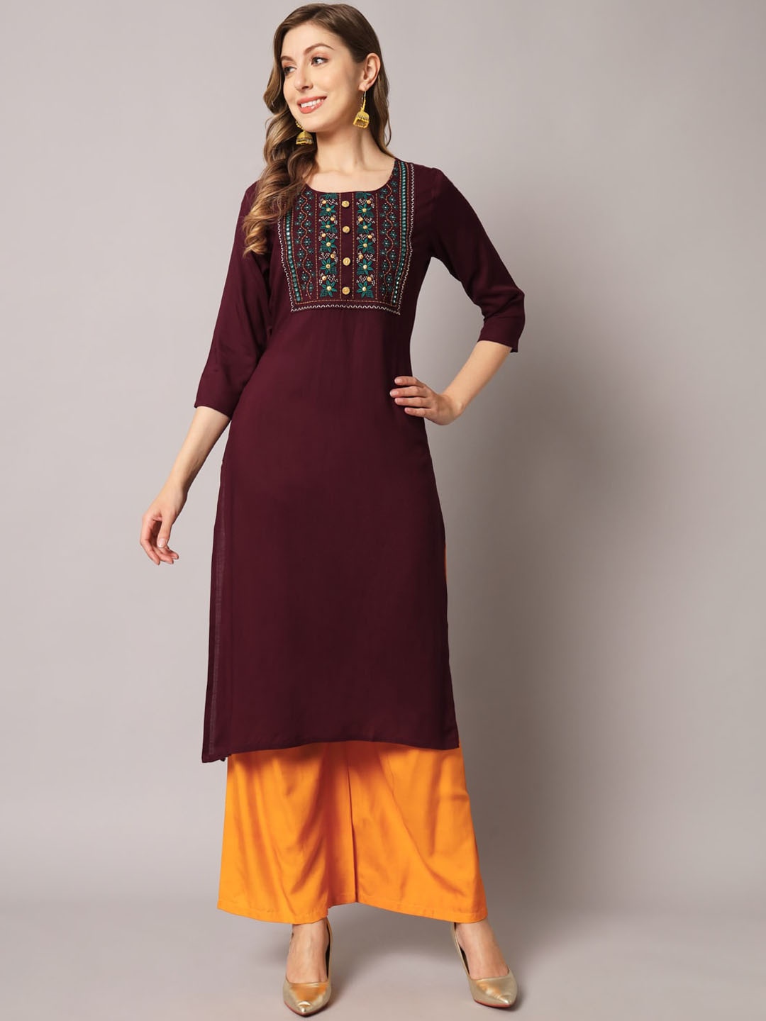 

PREKSHA Women Yoke Design Thread Work Kurta, Magenta