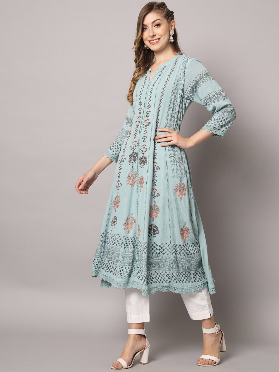 

PREKSHA Women Ethnic Motifs Printed Thread Work Kurta, Blue