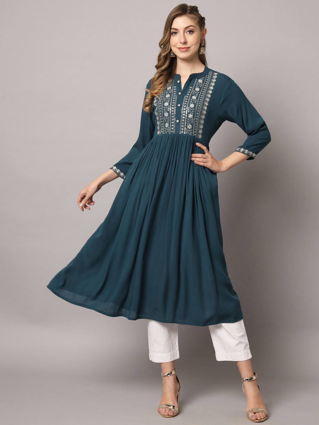 

PREKSHA Women Notch Neck Floral Embroidered Yoke Design Anarkali Kurta, Teal