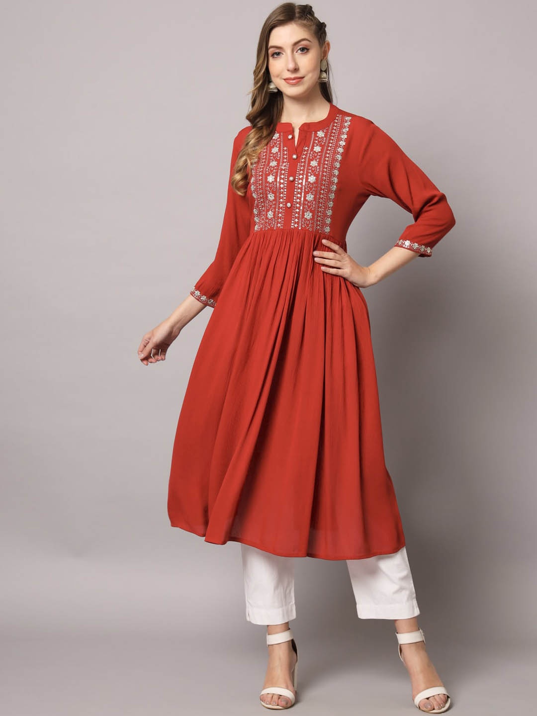 

PREKSHA Women Embellished Yoke Design A-Line Kurta, Red