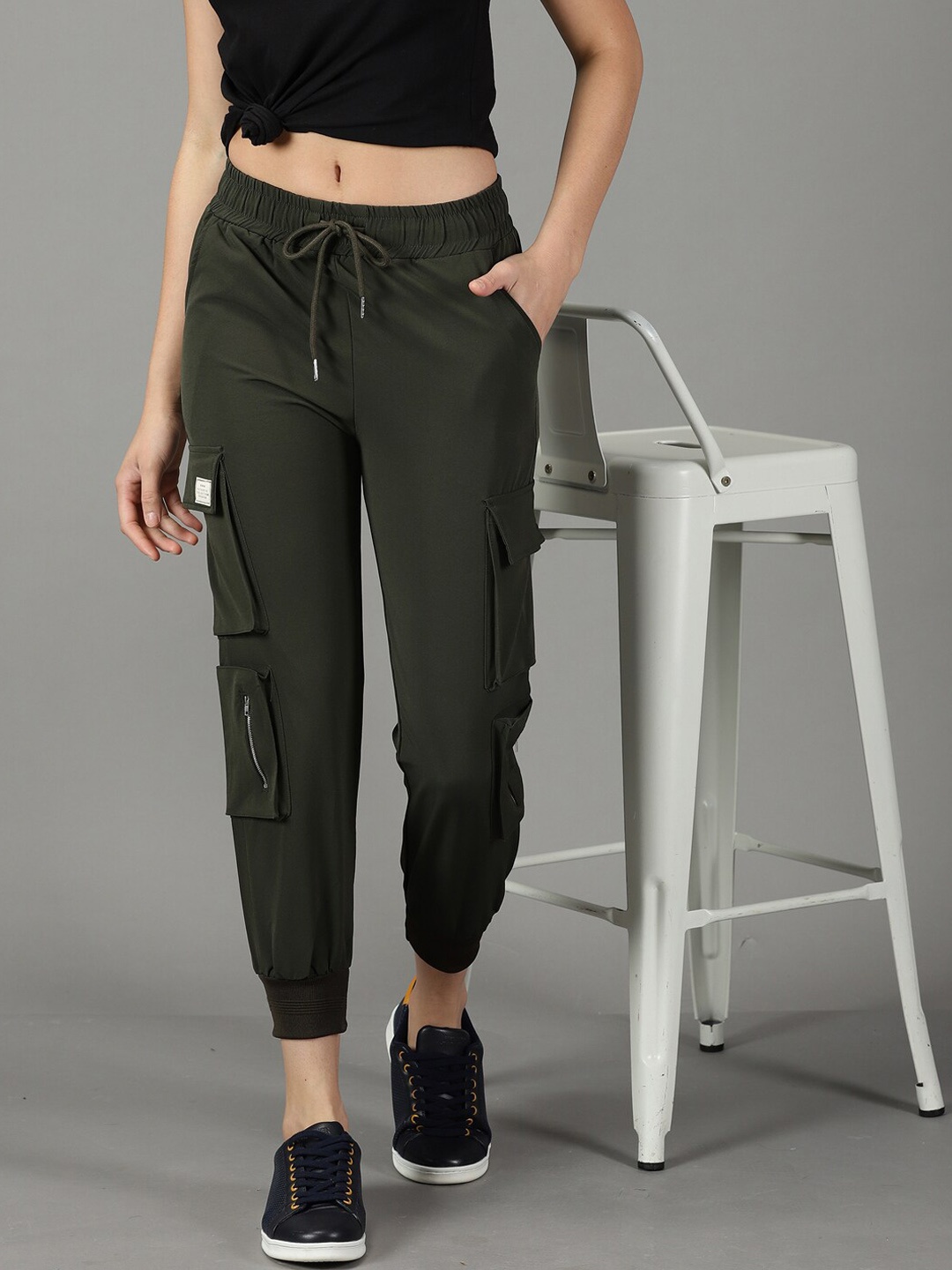 

SHOWOFF Women Solid Ribbed Hem Jogger, Olive