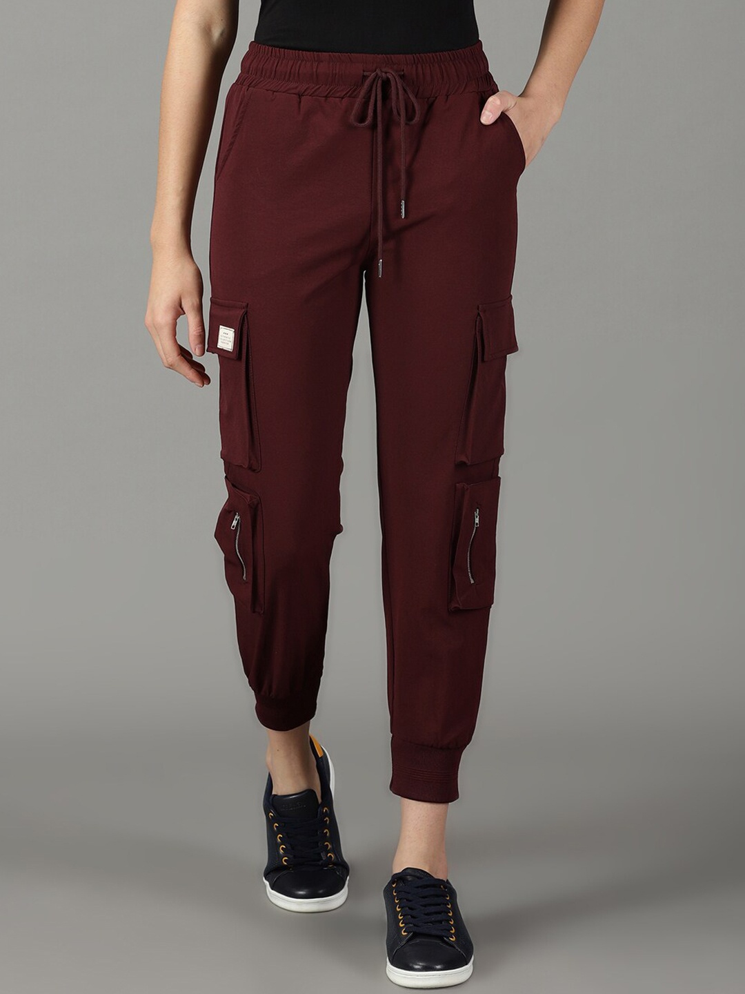 

SHOWOFF Women Solid Regular Fit Mid-Rise Joggers, Burgundy