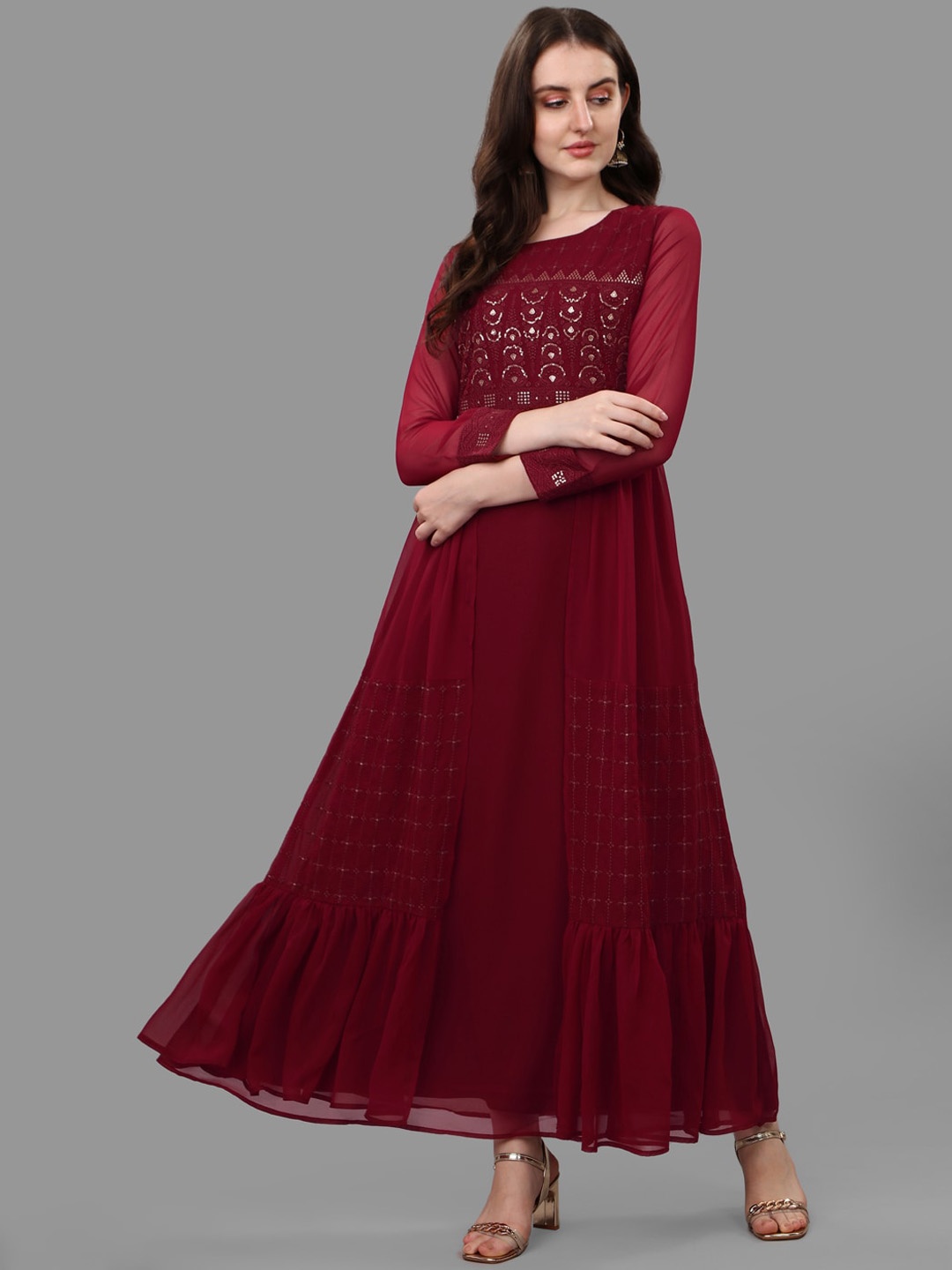 

Kinjo Embroidered Georgette Round Neck Maxi Gown Ethnic Dresses, Maroon