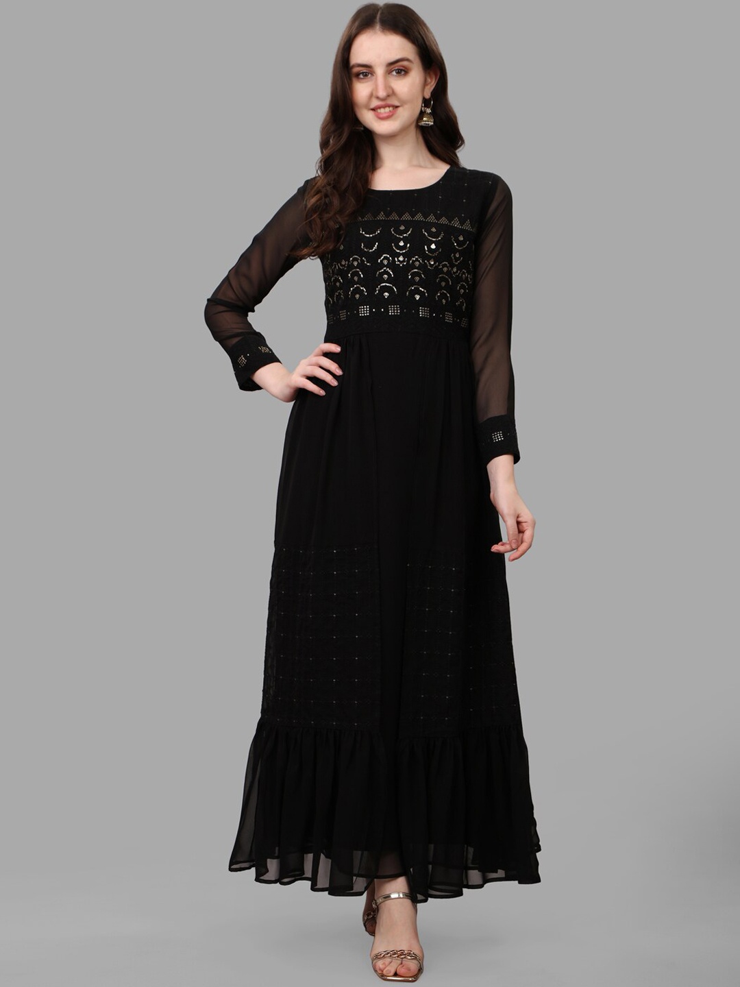 

Kinjo Women Embroidered Georgette Flared Ethnic Gown, Black