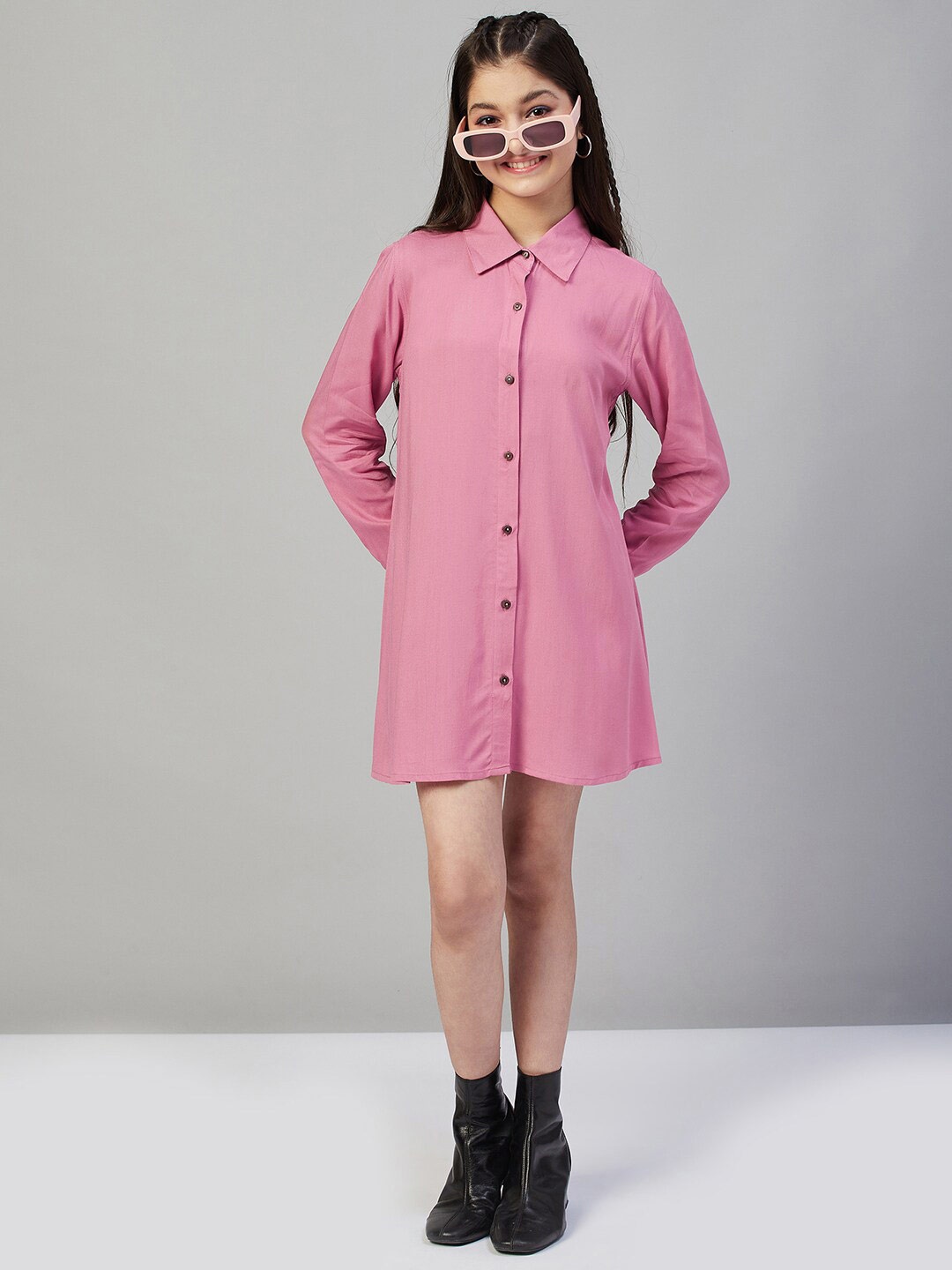

Stylo Bug Girls Cuffed Sleeves Shirt Dress, Pink