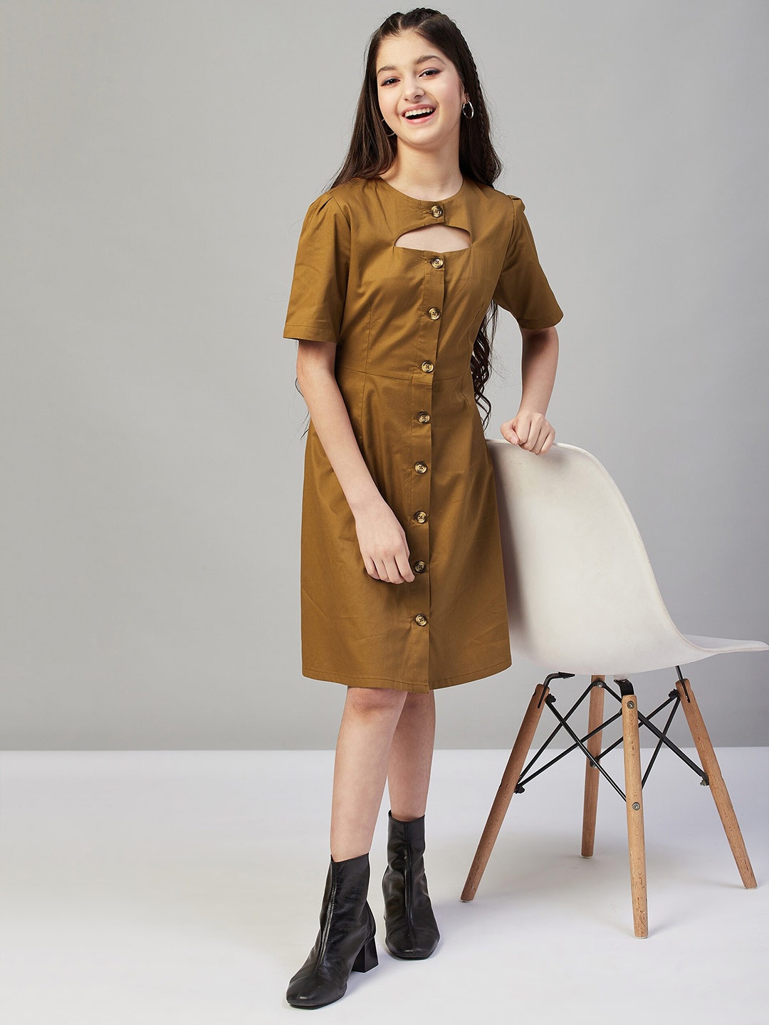 

Stylo Bug Girls Keyhole Neck A-Line Cotton Dress, Brown