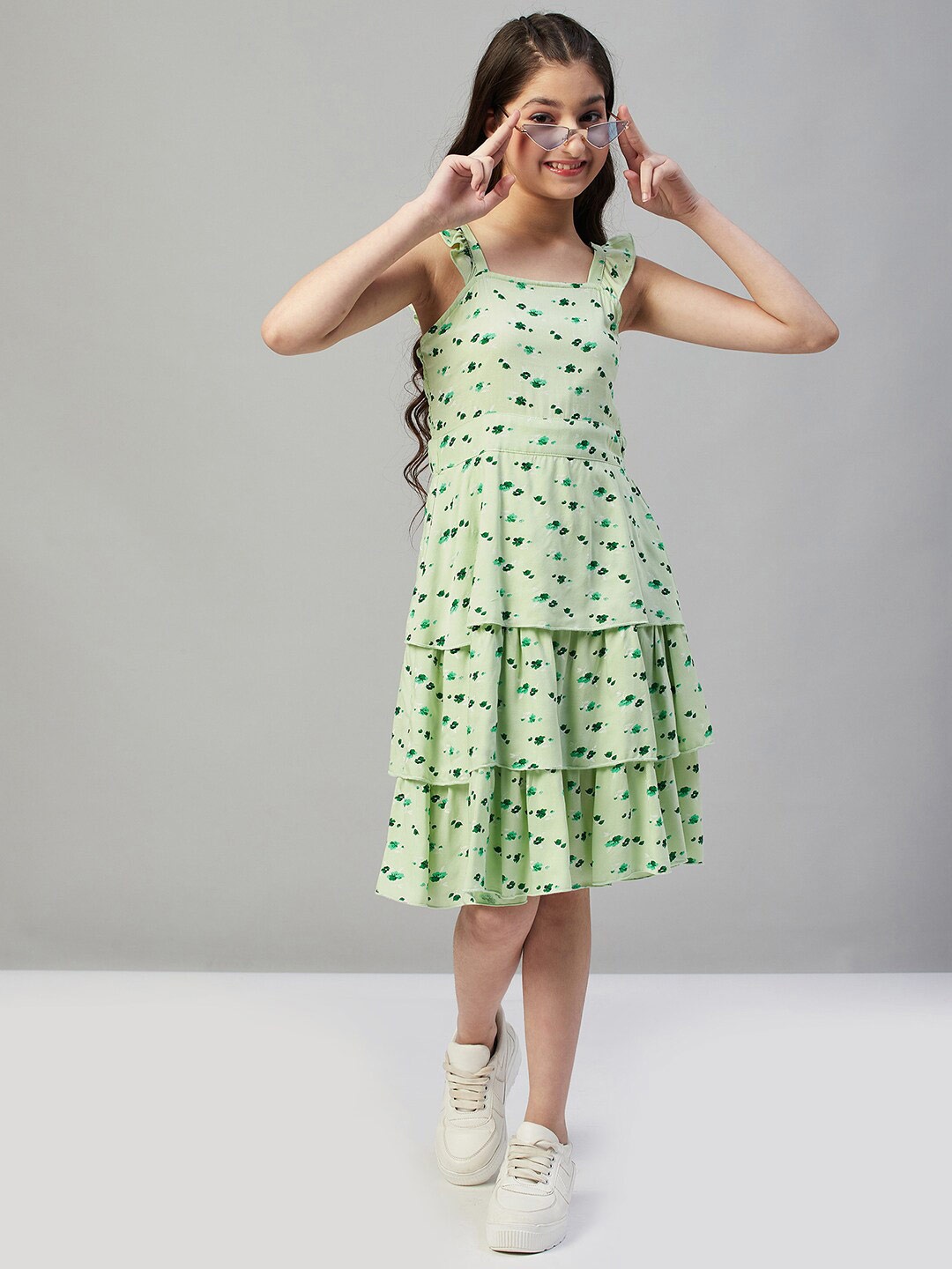 

Stylo Bug Floral Printed Layered Fit And Flare Dress, Green