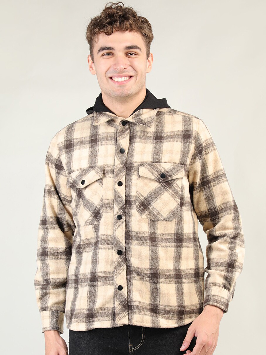 

Dlanxa Men Checked Hooded Overcoat, Beige