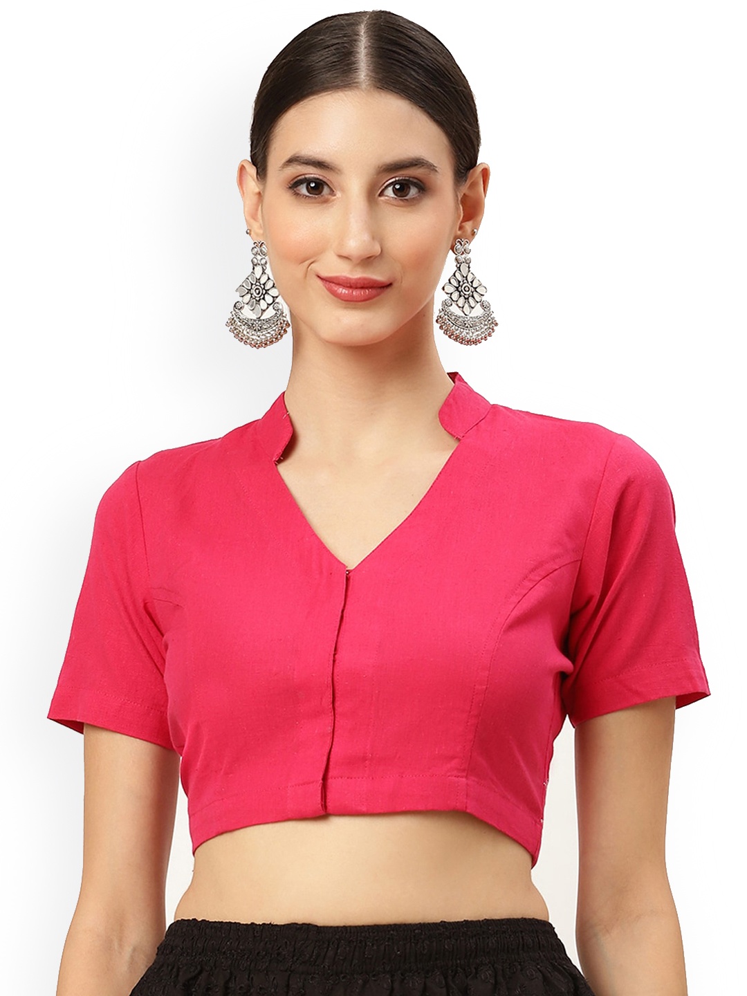 

Molcha Embroidered Mandarin Collar Cotton Saree Blouse, Pink