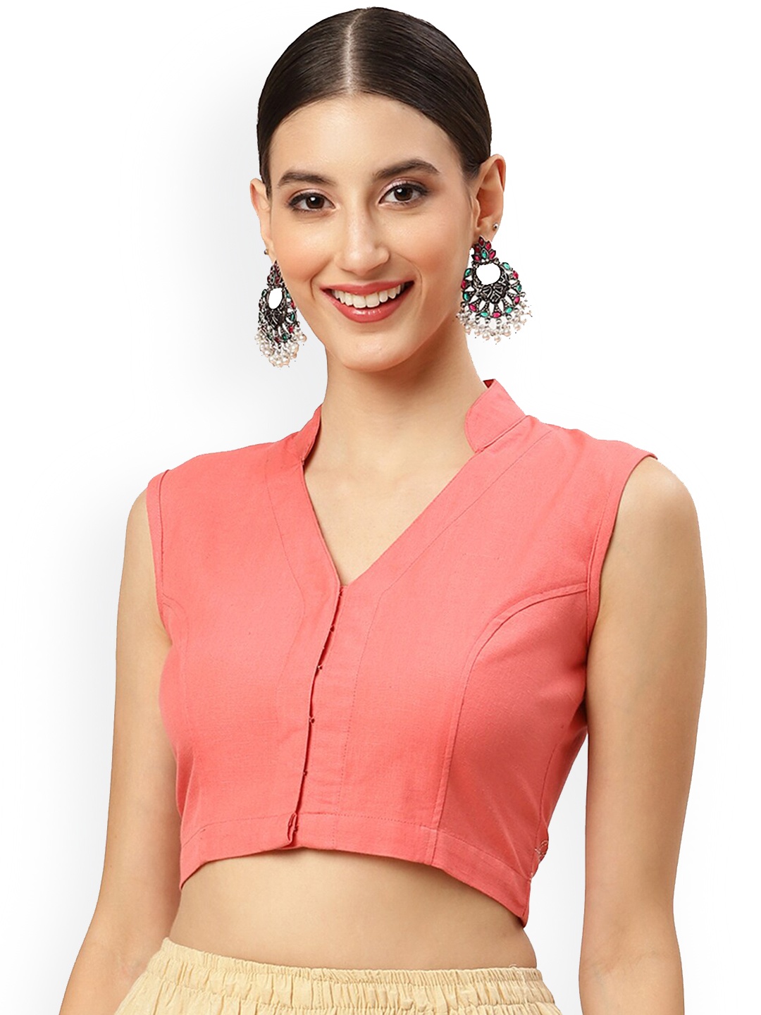 

Molcha Non-Padded Embroidered Cotton Saree Blouse, Peach
