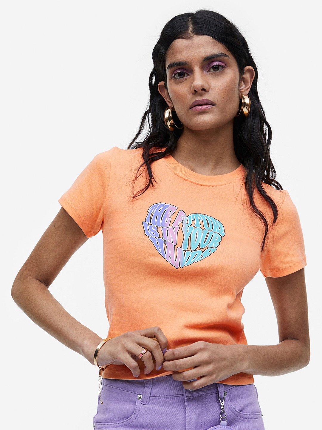 

H&M Women Fitted Cotton Top, Orange