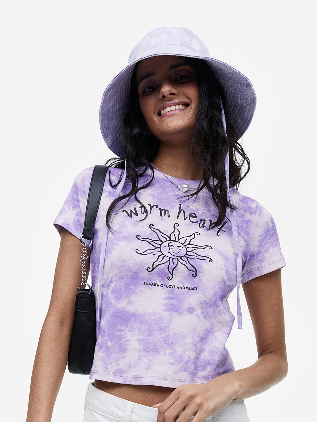 

H&M Women Printed Fitted Cotton Top, Purple