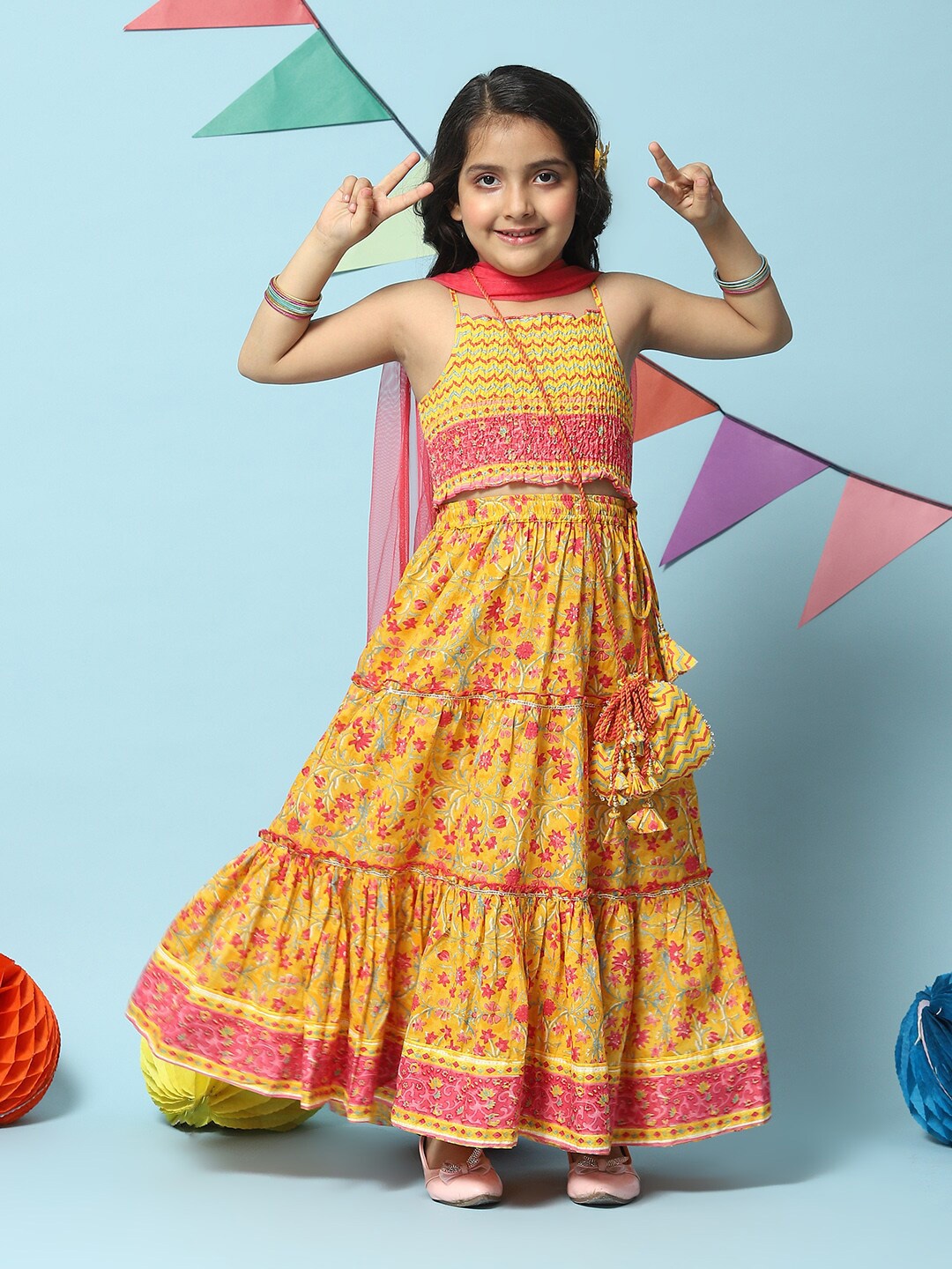 

Biba Girls Printed Cotton Ready to Wear Lehenga & Blouse With Dupatta, Yellow