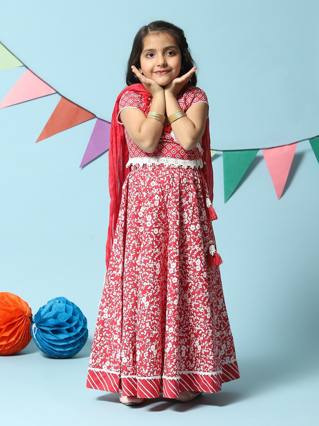 

Biba Girls Printed Ready to Wear Lehenga Blouse With Dupatta, Red