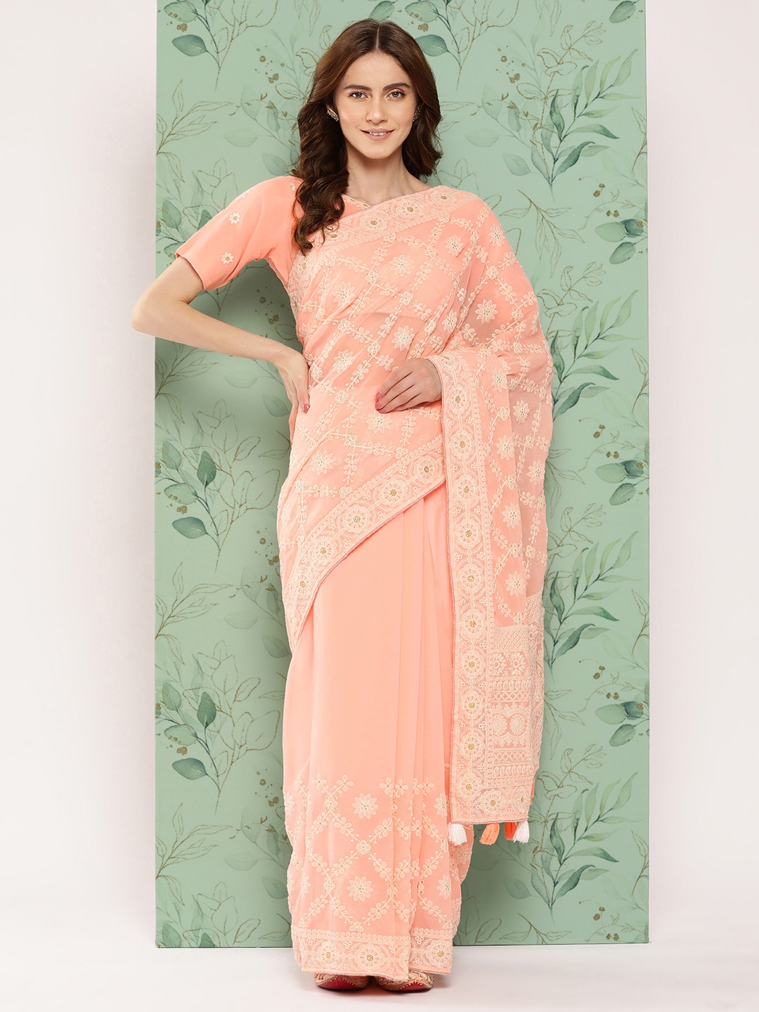 

Shaily Floral Chikankari Pure Georgette Saree, Peach