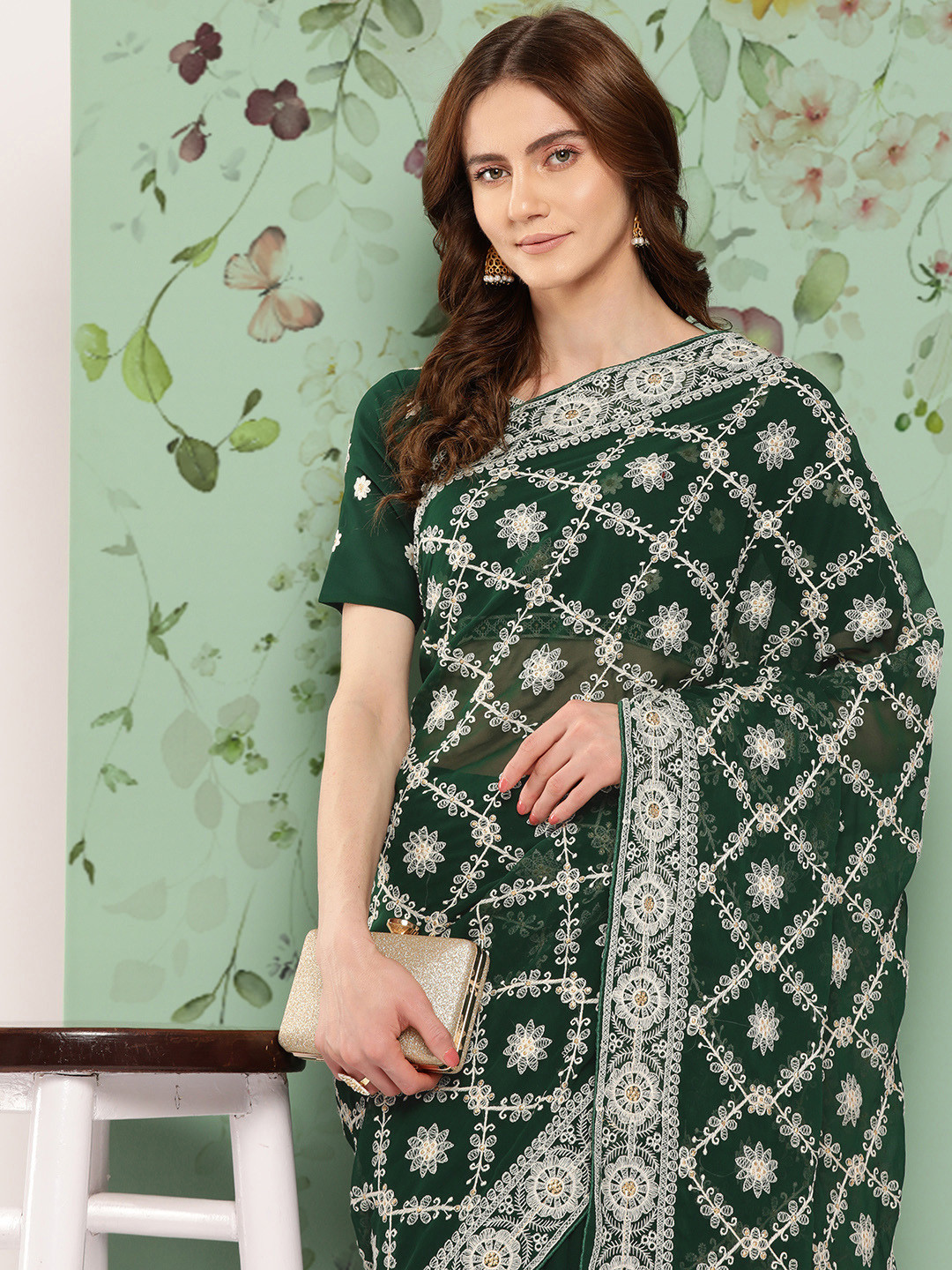 

Shaily Floral Chikankari Pure Georgette Saree, Green