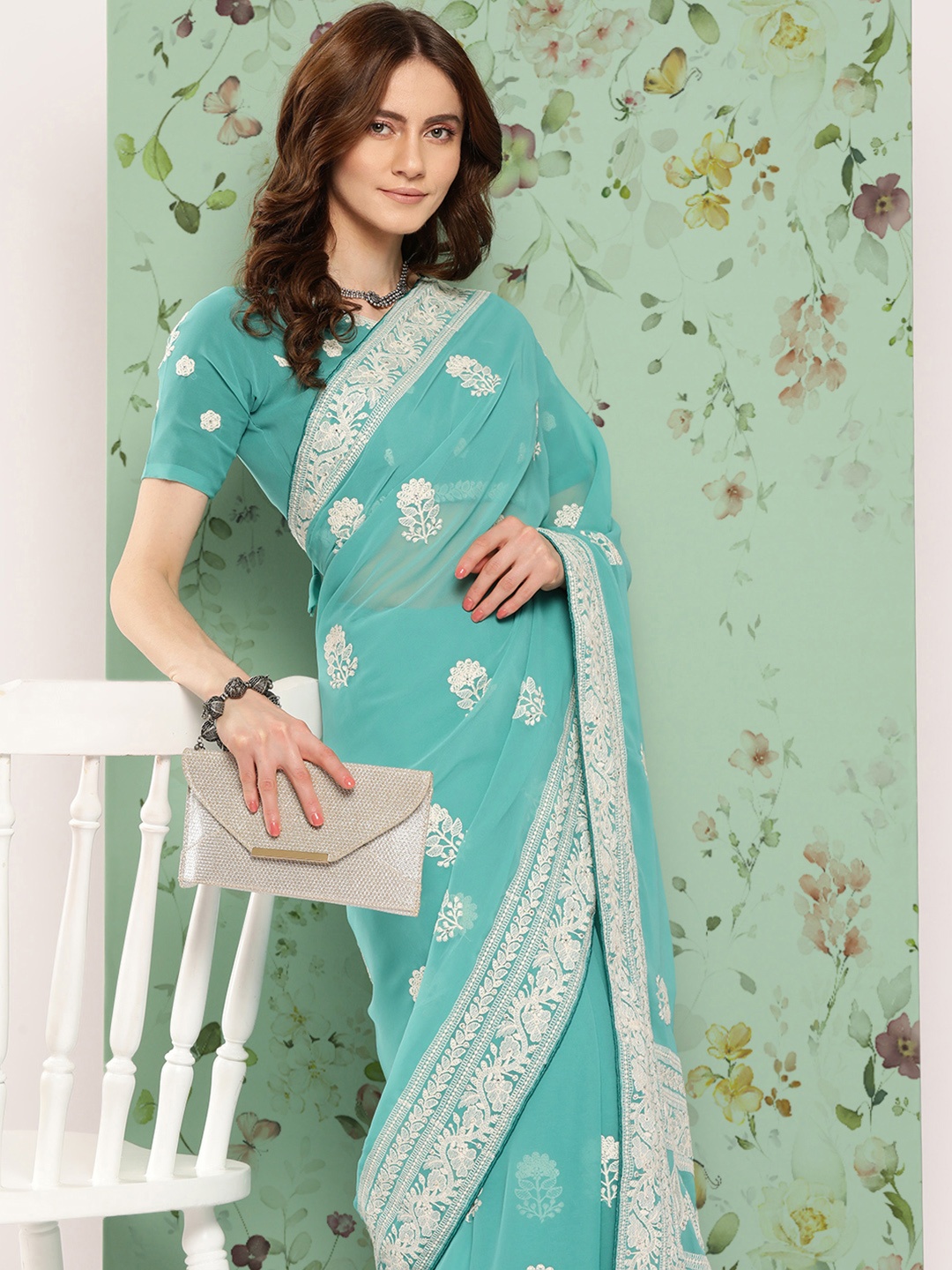 

Shaily Floral Chikankari Pure Georgette Saree, Turquoise blue