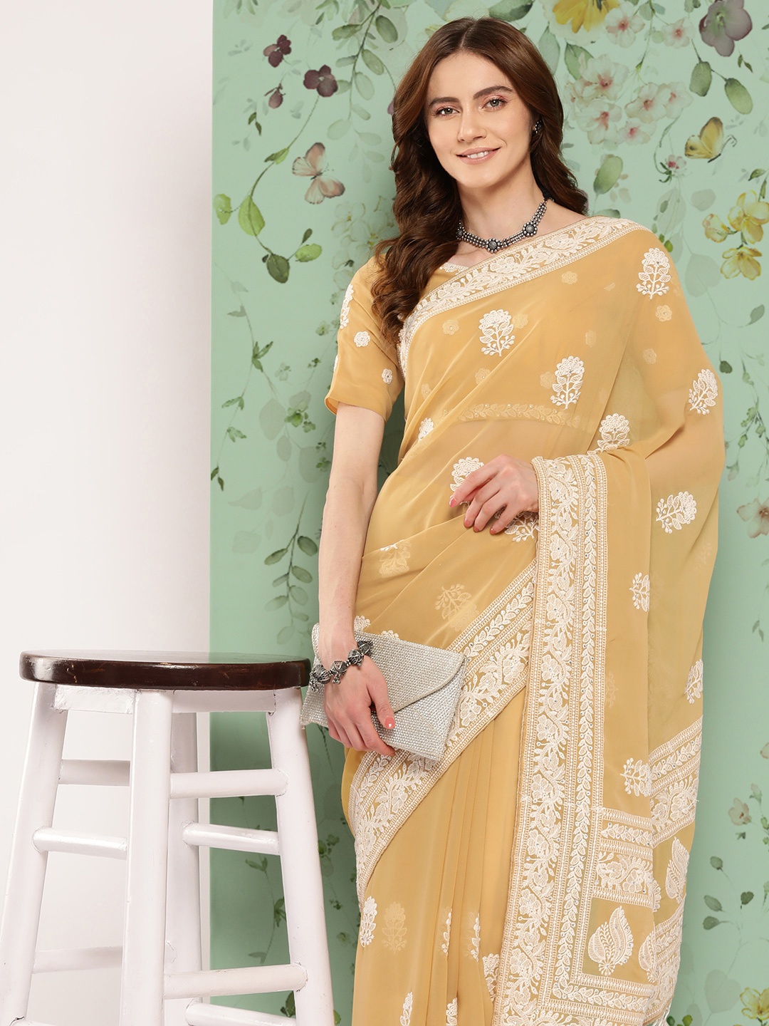 

Shaily Floral Chikankari Pure Georgette Saree, Mustard