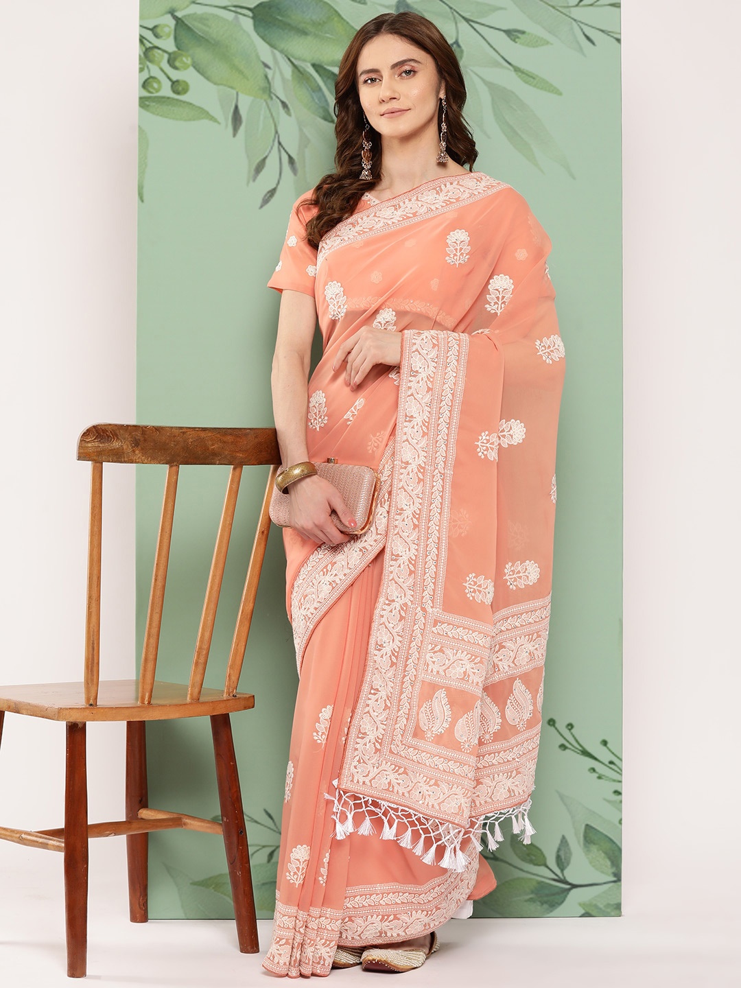 

Shaily Floral Chikankari Pure Georgette Saree, Peach