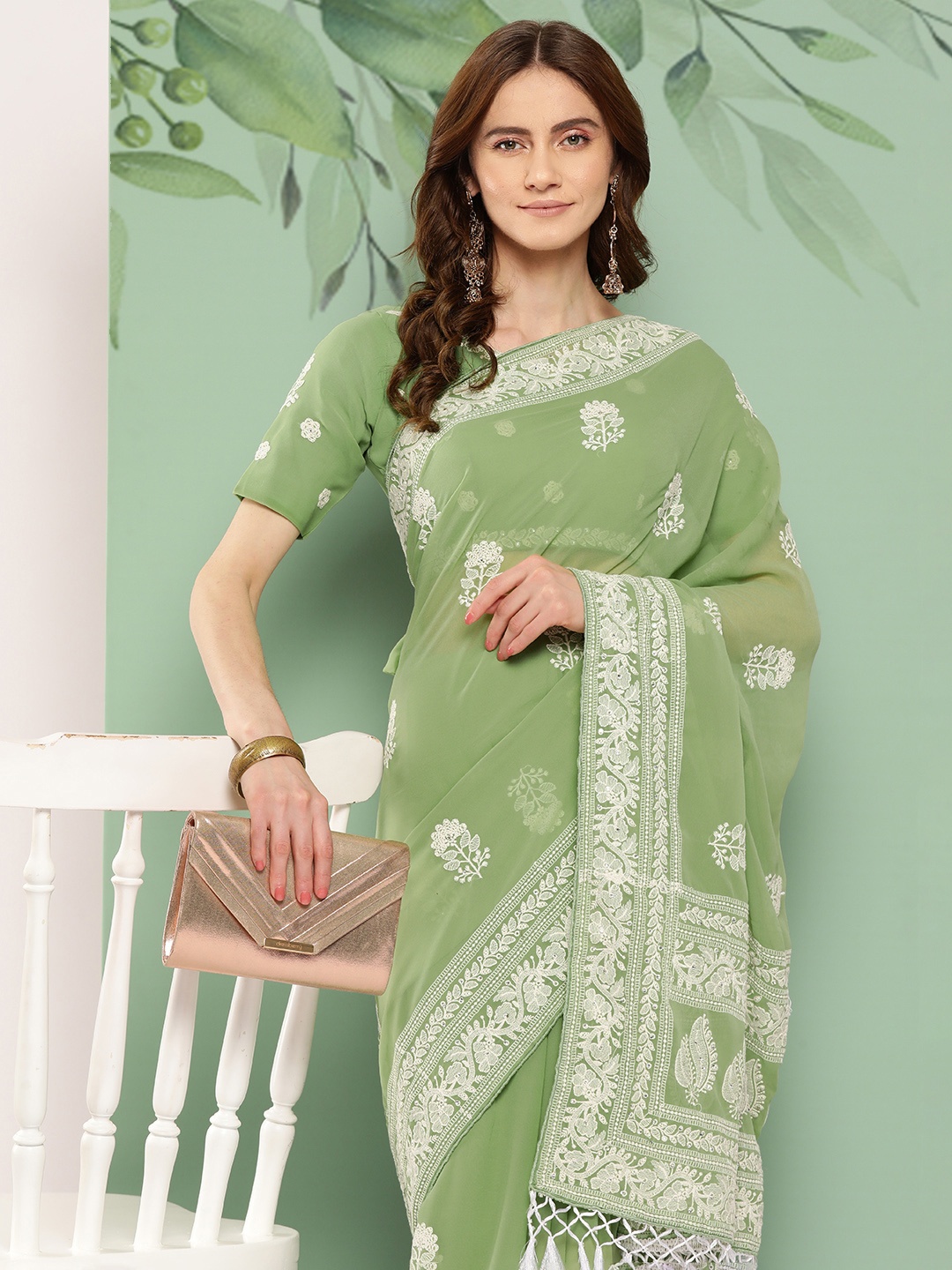 

Shaily Floral Chikankari Pure Georgette Saree, Green