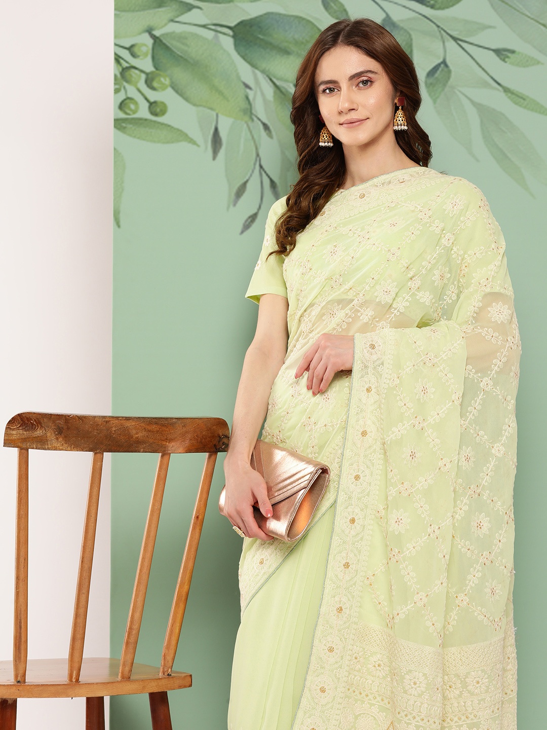 

Shaily Floral Chikankari Pure Georgette Saree, Lime green