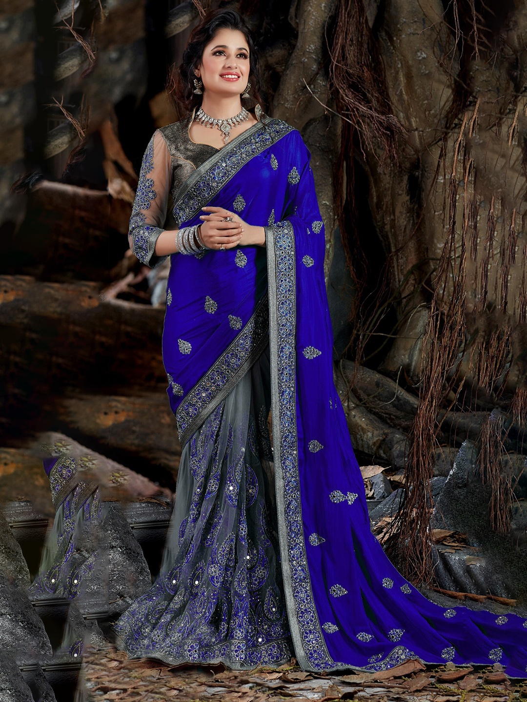 

MS RETAIL Floral Embroidered Half and Half Saree, Blue