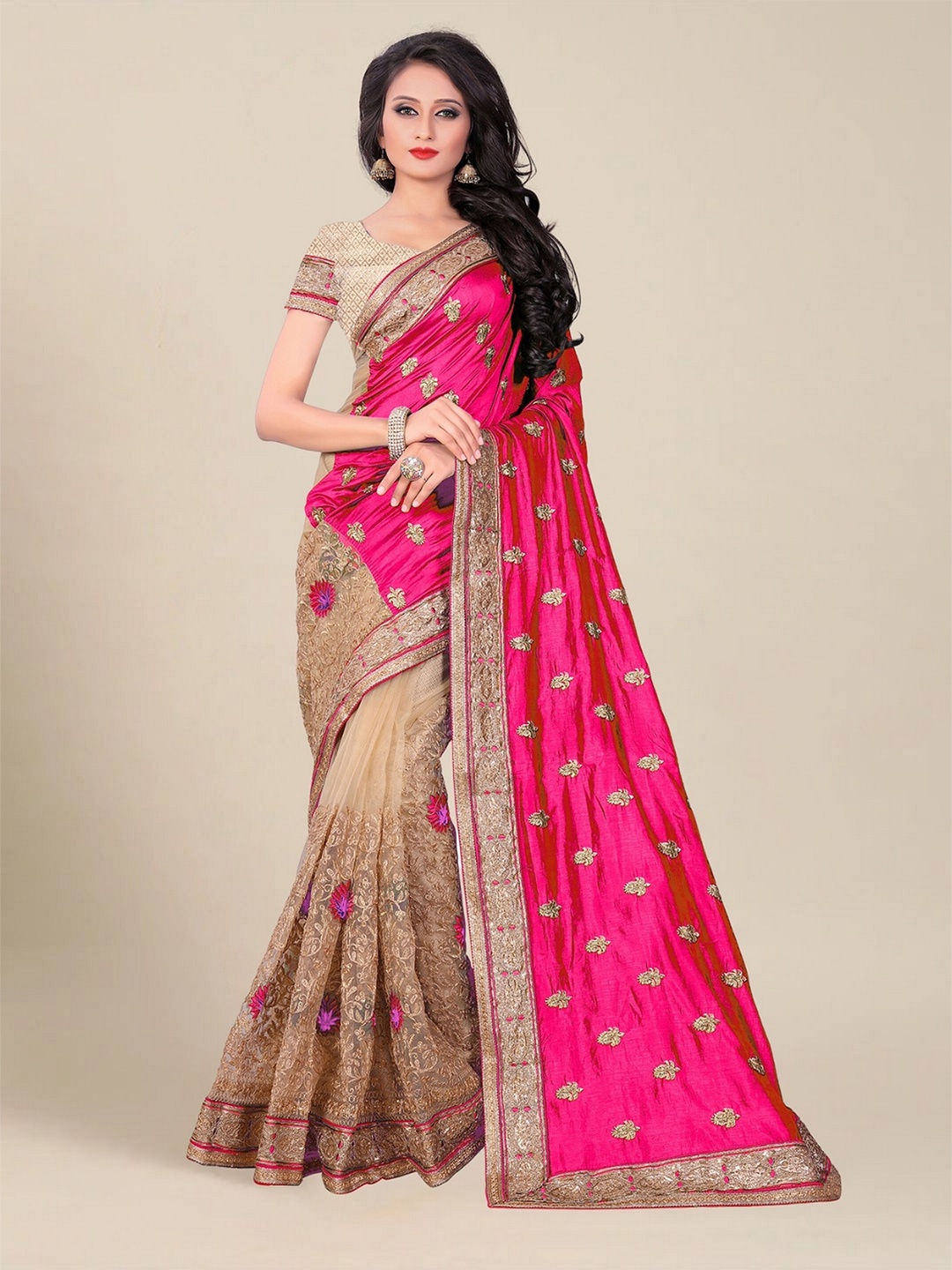 

MS RETAIL Floral Embroidered Half and Half Saree, Pink