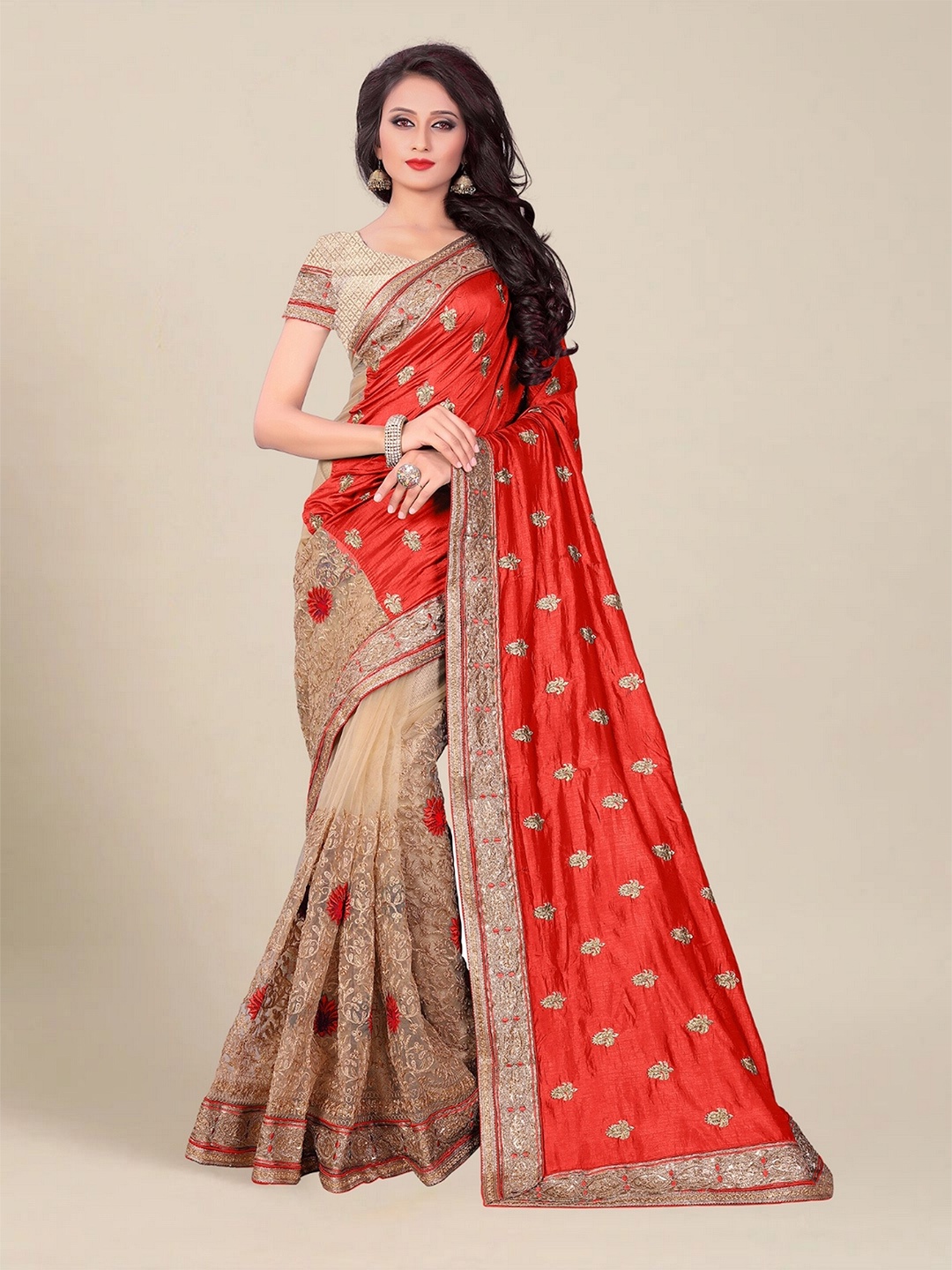 

MS RETAIL Embellished Embroidered Saree, Red