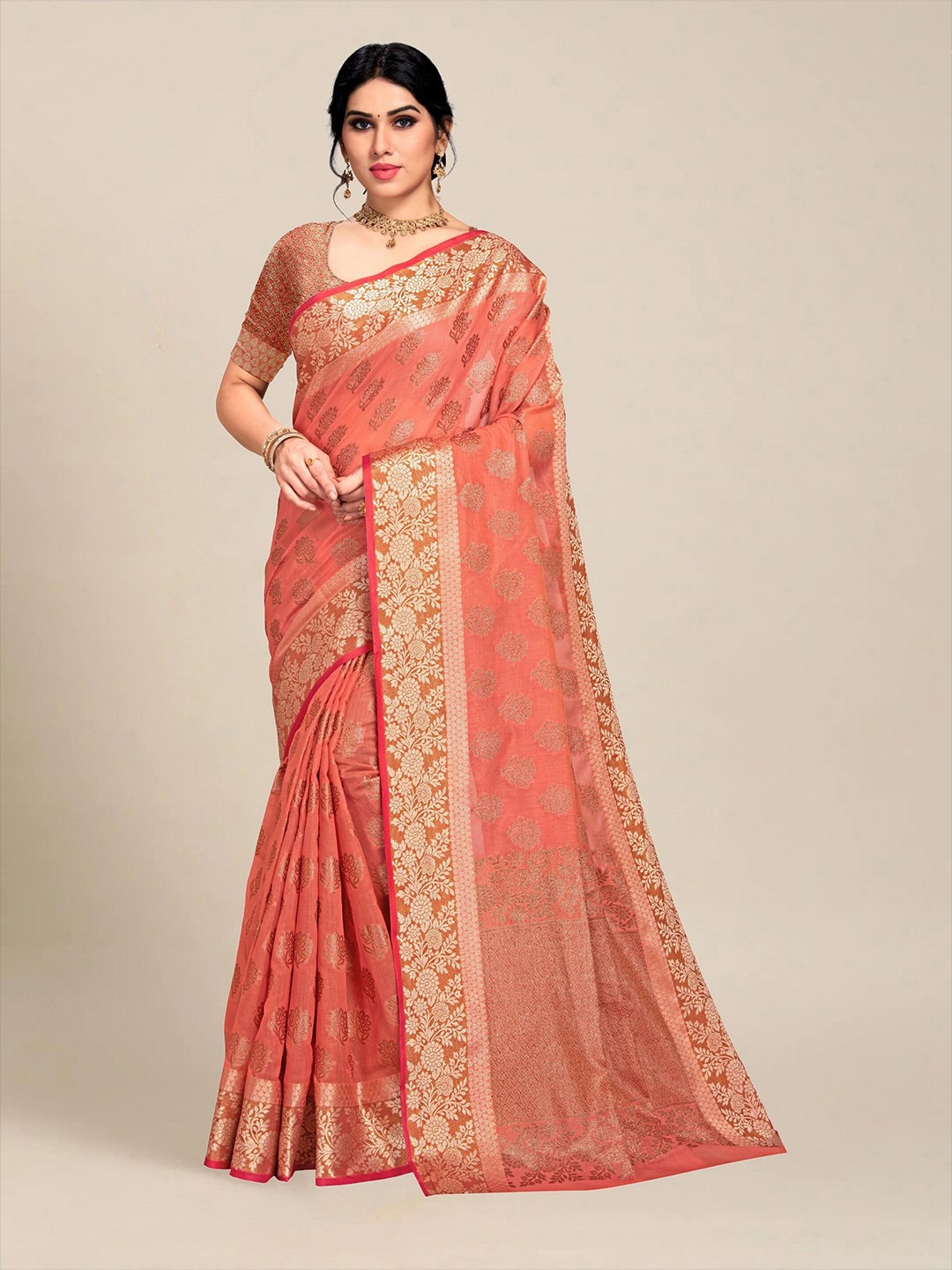 

MS RETAIL Orange & Gold-Toned Woven Design Zari Pure Cotton Chanderi Saree