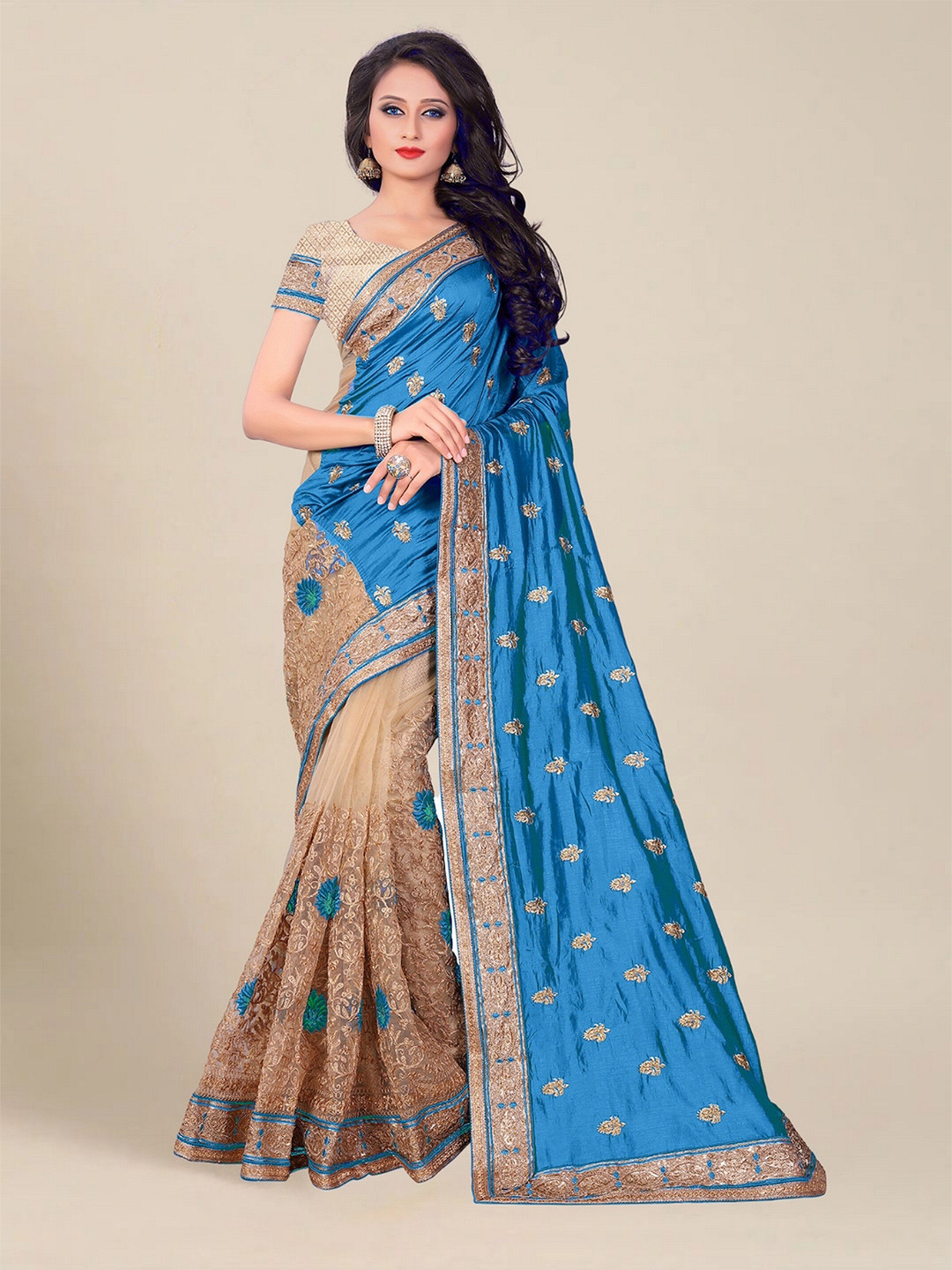 

MS RETAIL Turquoise Blue & Gold-Toned Floral Embroidered Silk Blend Half and Half Saree