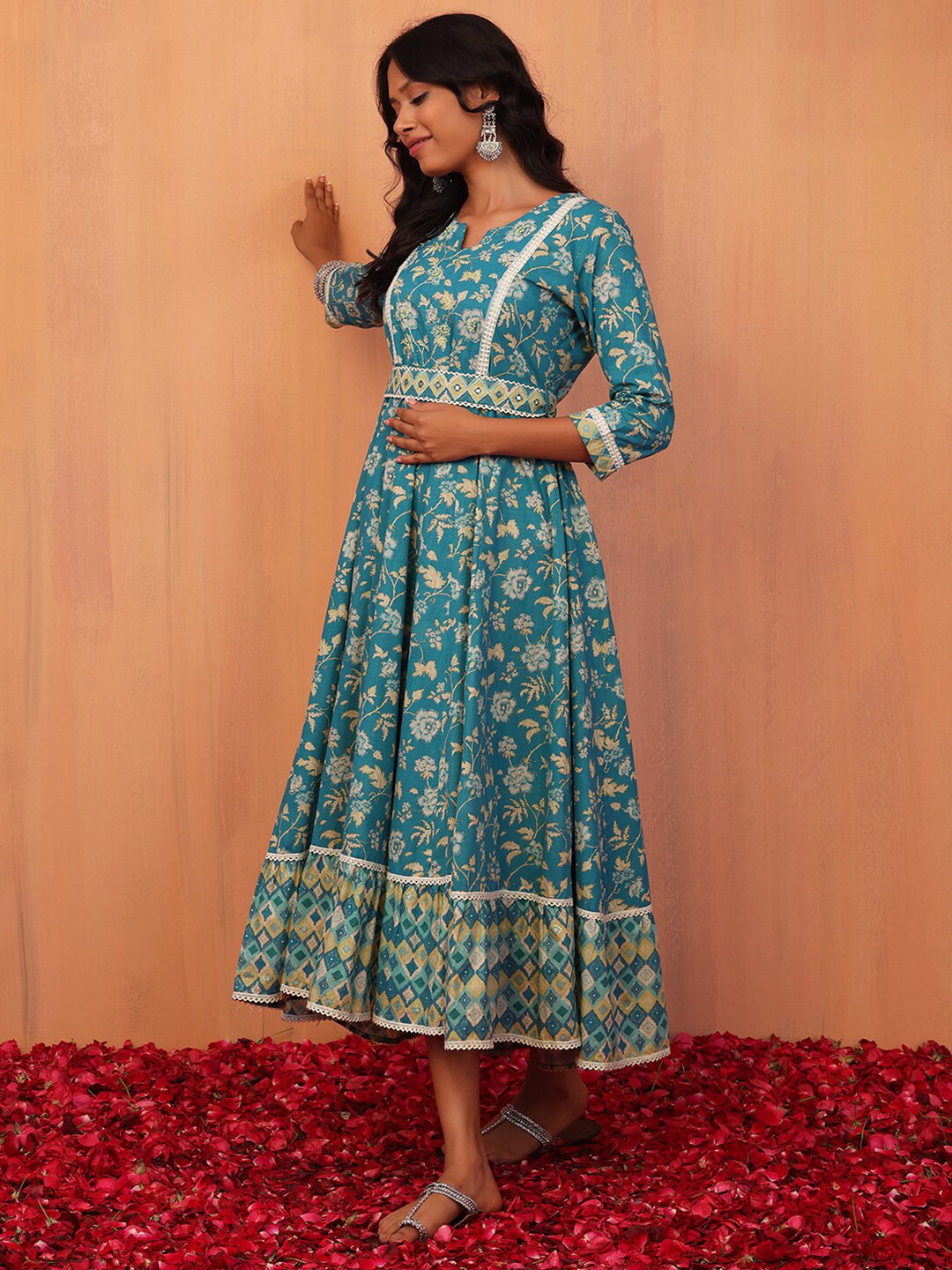 

INDYA Women Floral Printed Pure Cotton Fit & Flare Midi Dress, Teal