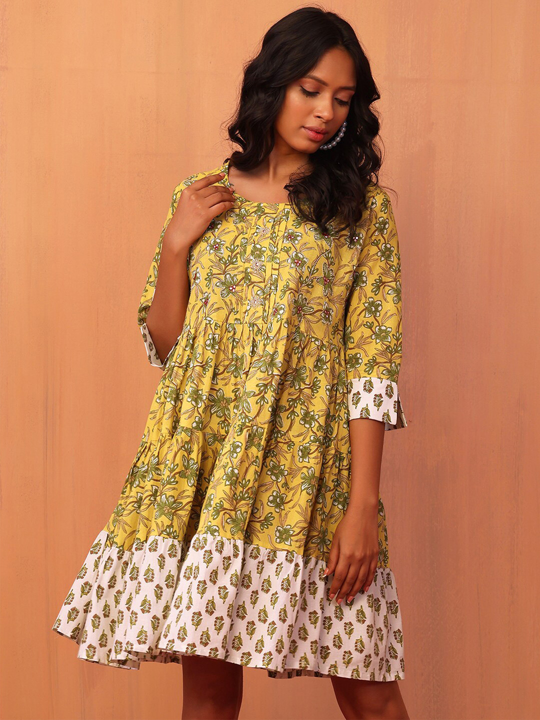 

INDYA Floral Printed Round Neck Pure Cotton Fit And Flare Dresses, Mustard