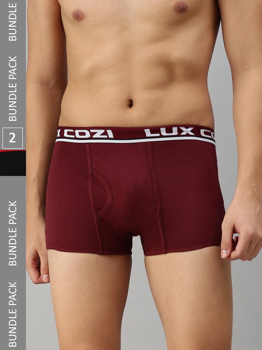 

Lux Cozi Men Pack Of 2 Pure Cotton Mid-Rise Basic Solid Semi-Long Trunk, Black