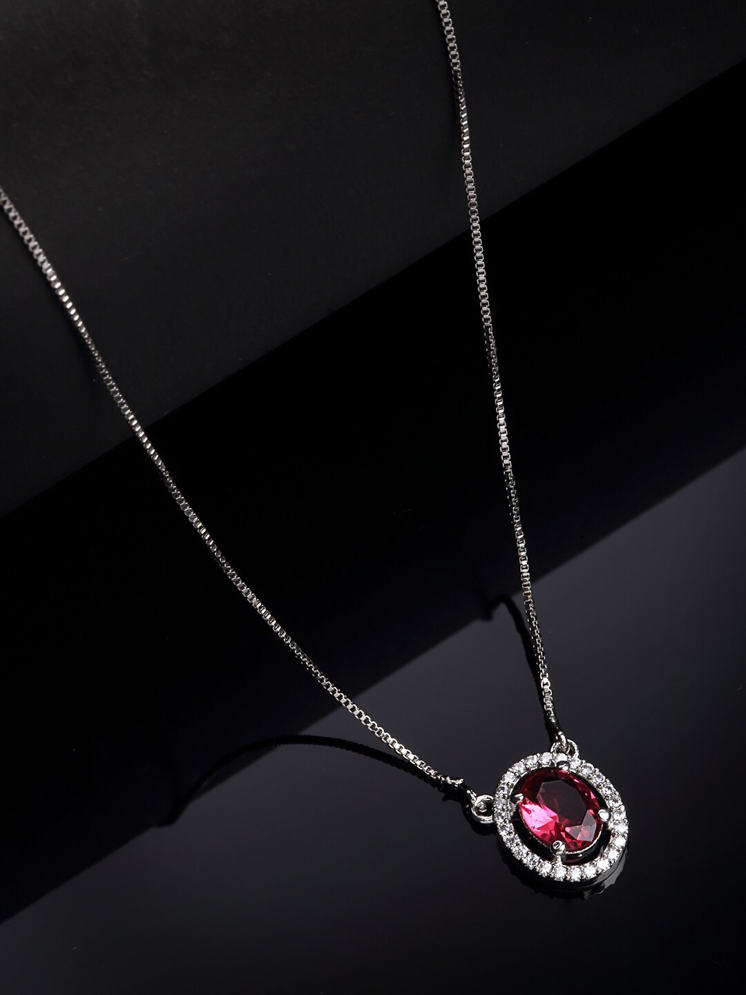 

PANASH Women Silver-Plated Cubic Zirconia-Studded Pendant with Link Chain, Pink