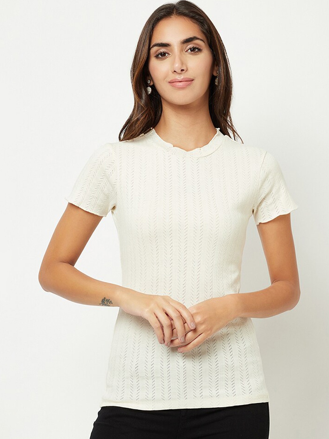 

HOUSE OF S Self Design Striped Top, Off white