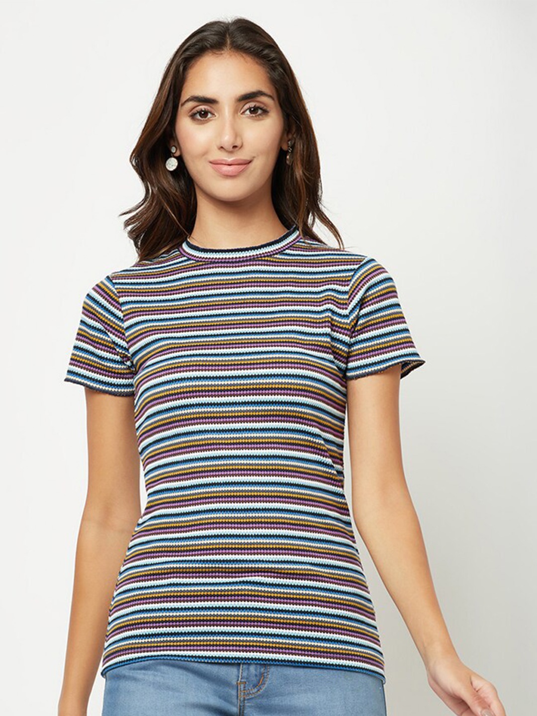 

HOUSE OF S Round Neck Striped Cotton Top, Navy blue