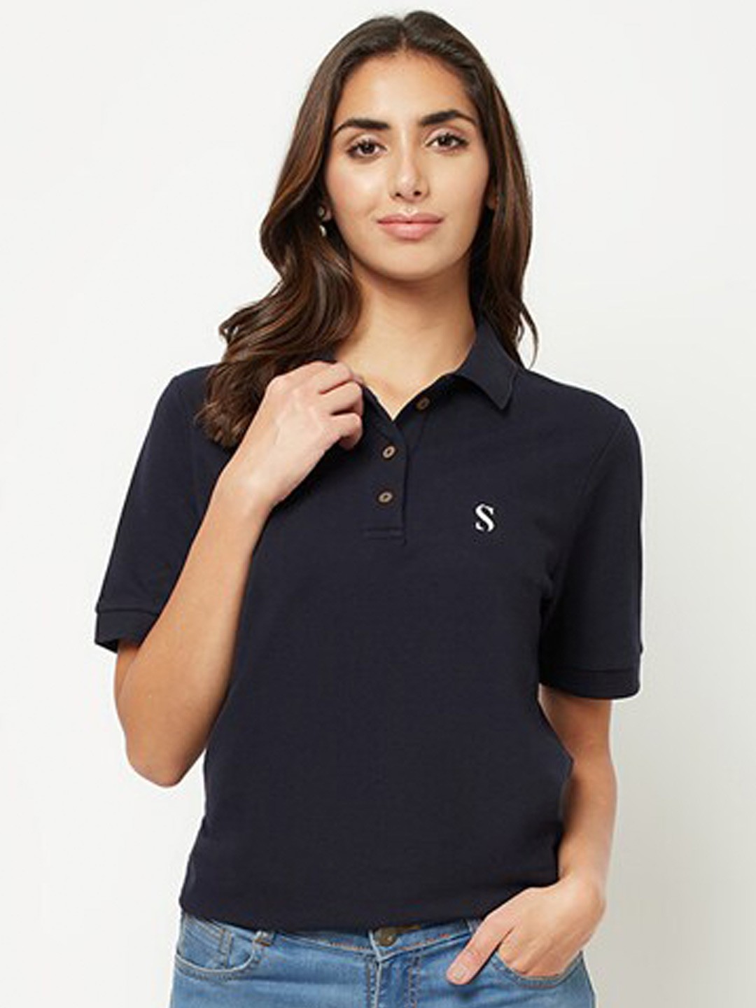 

HOUSE OF S Women Polo Collar Cotton T-shirt, Navy blue