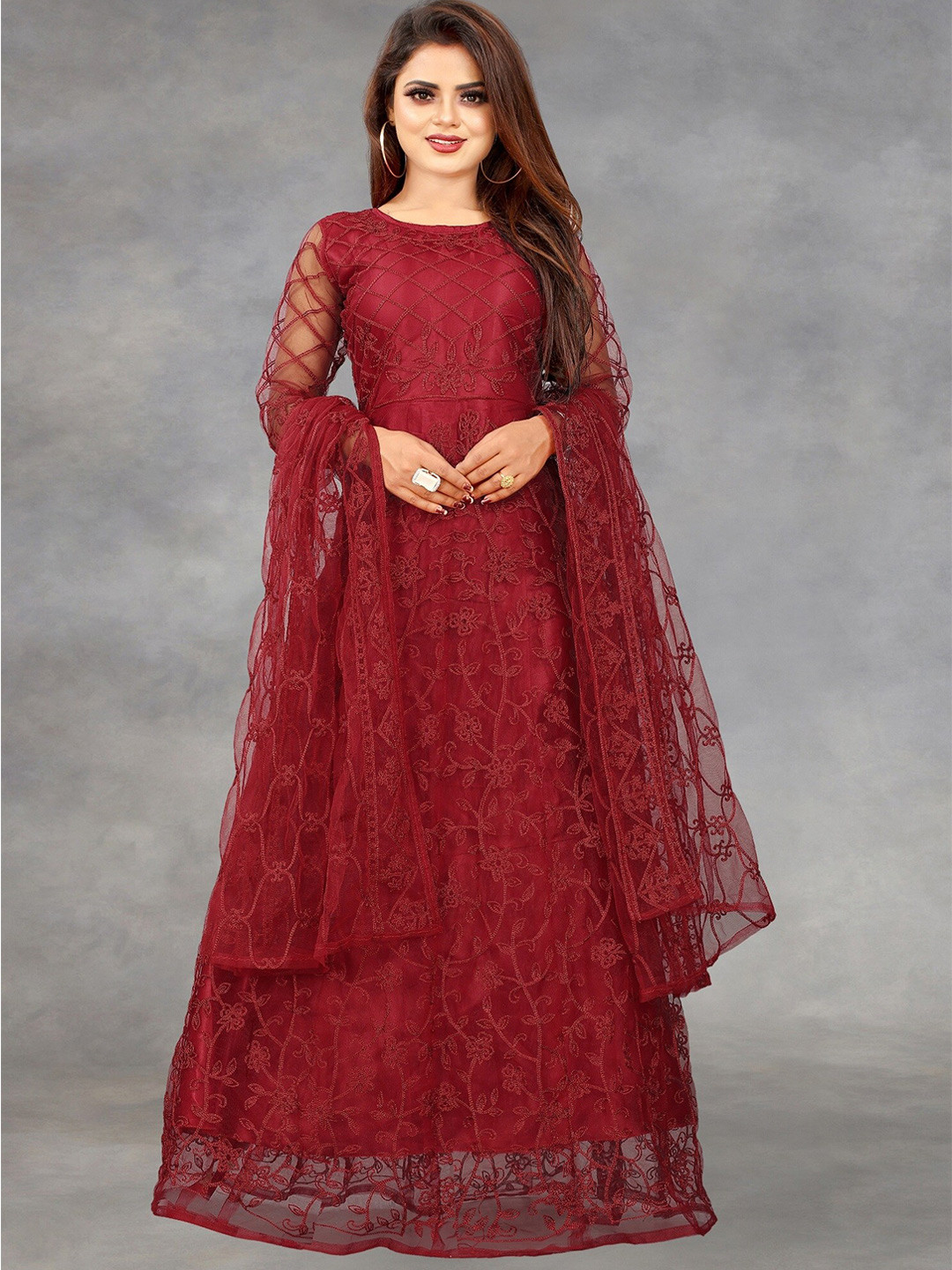 

APNISHA Ethnic A-Line Maxi Dress With Dupatta, Maroon