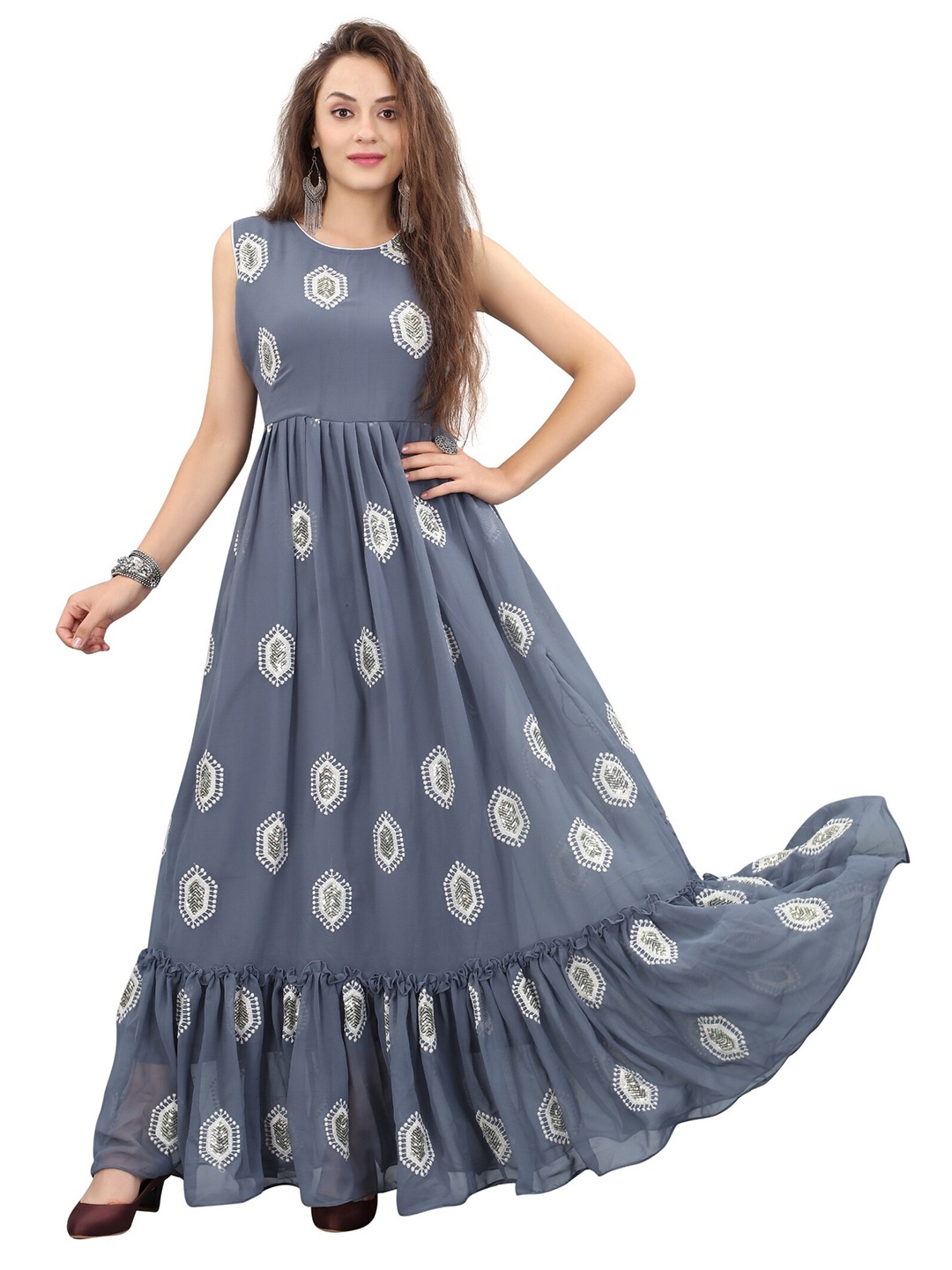 

APNISHA Ethnic Maxi Georgette Dress, Grey
